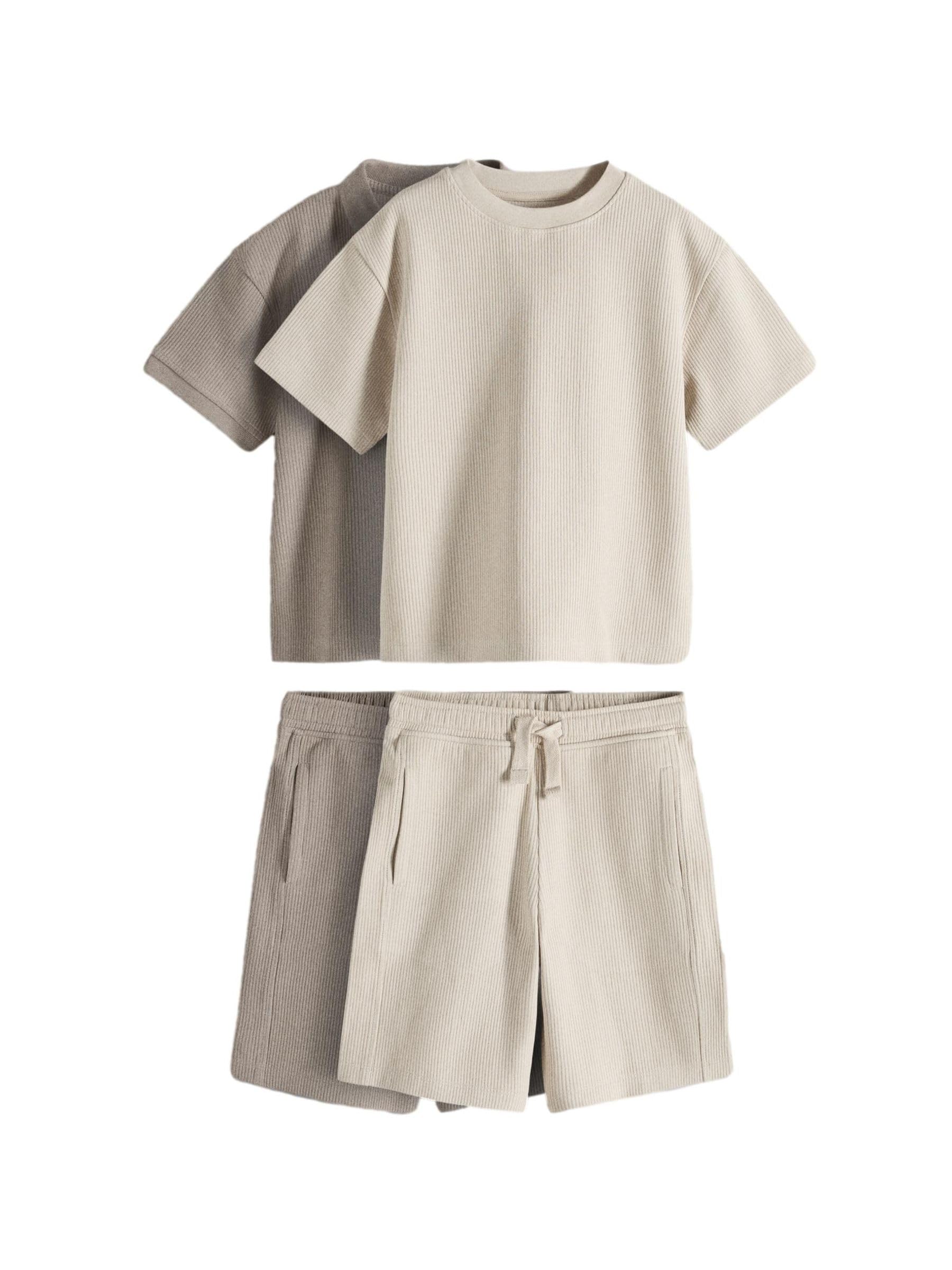 THE SET Jungen Geripptes Rundhals-T-Shirt aus Jersey, Oberteil mit Trophy-Ausschnitt und Shorts im Set, 2er-Pack