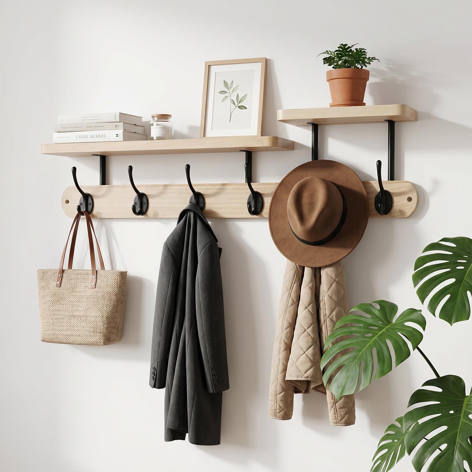 Percheros Pared con Estante 59cm - Perchero de Pared Madera Natural con 6 Ganchos Dobles y 2 Niveles de Balda, Percha Pared para Entrada, Pasillo, Hall y Sala de Estar