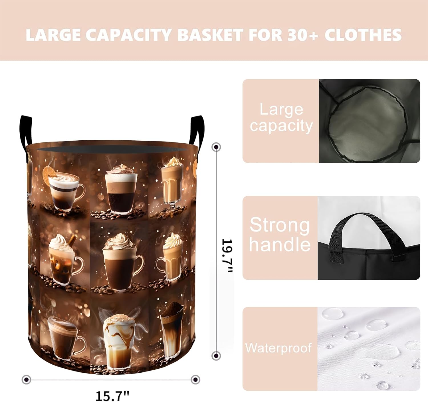Coffee Laundry Basket Hamper 19.7"x15.7", Organizer Bins Gifts for Kids Boys Girls, Coffee Drinks Foldable Wateshrproof Oxford Clothes Storage Bucket for Bedroom Bathroom Decor image 4