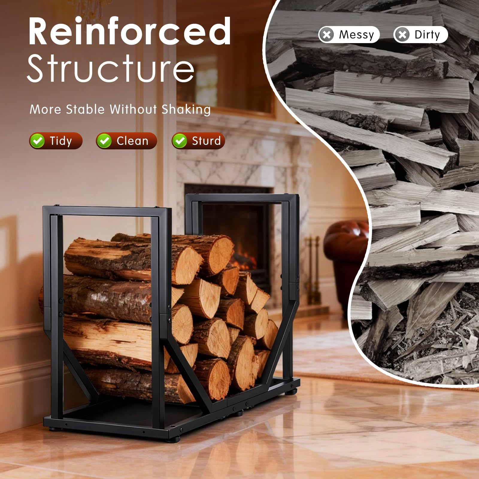 Leñero metálico, capacidad de carga de 110 kg, medidas 52×40×32 cm, soporte para leña versátil para interior y exterior, ideal para chimenea, jardín y terraza, práctico para almacenar leña