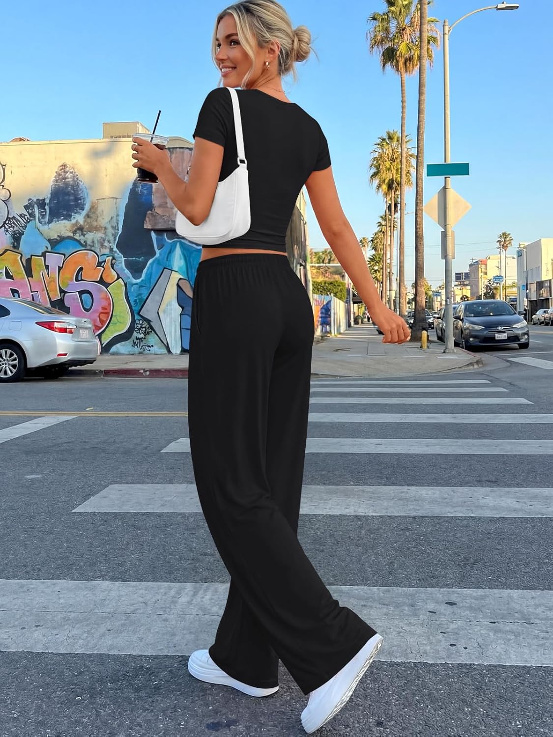 Trendy Queen 2 Piece Matching Summer Sweatsuit Lounge Set Womens Wide Leg Pants Side Ruching Crop Top Sets