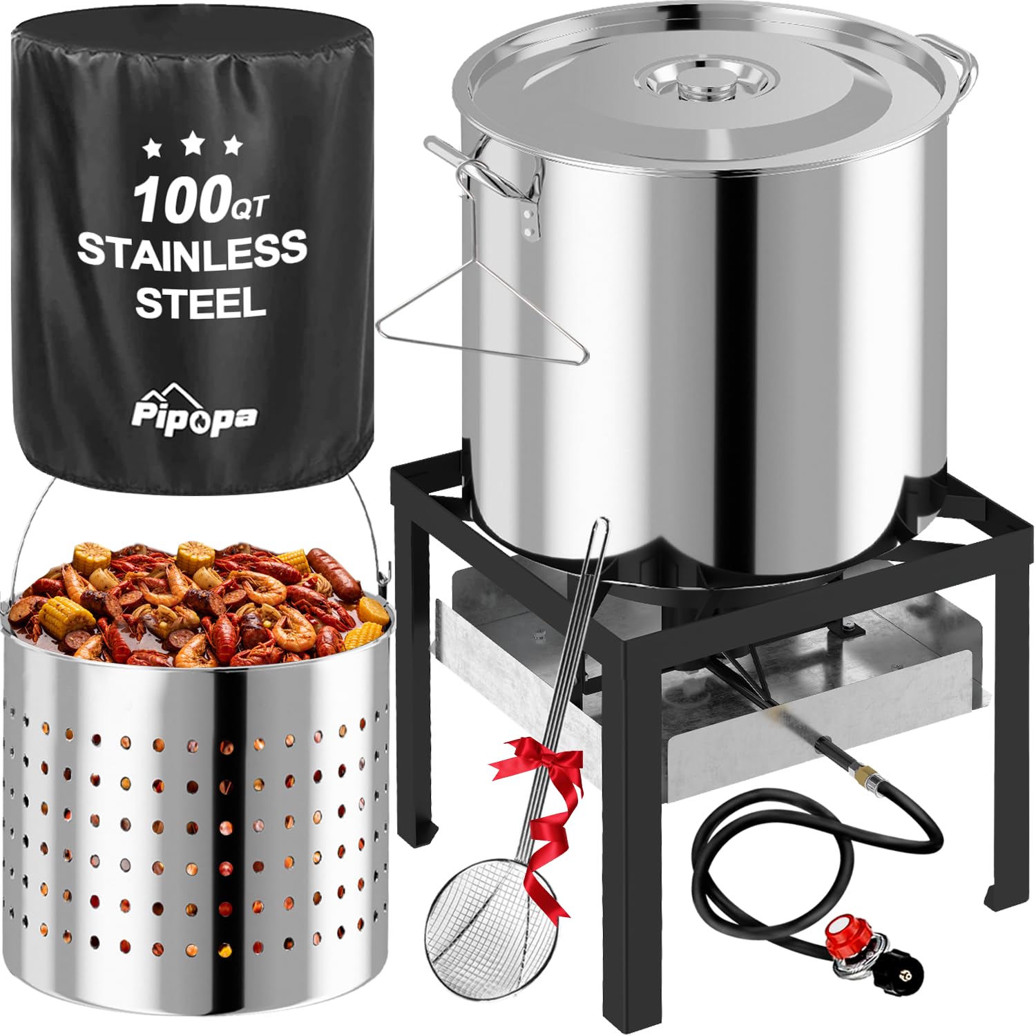 Pipopa 100 qt stainless crawfish boiler kit with cover and skimmer
