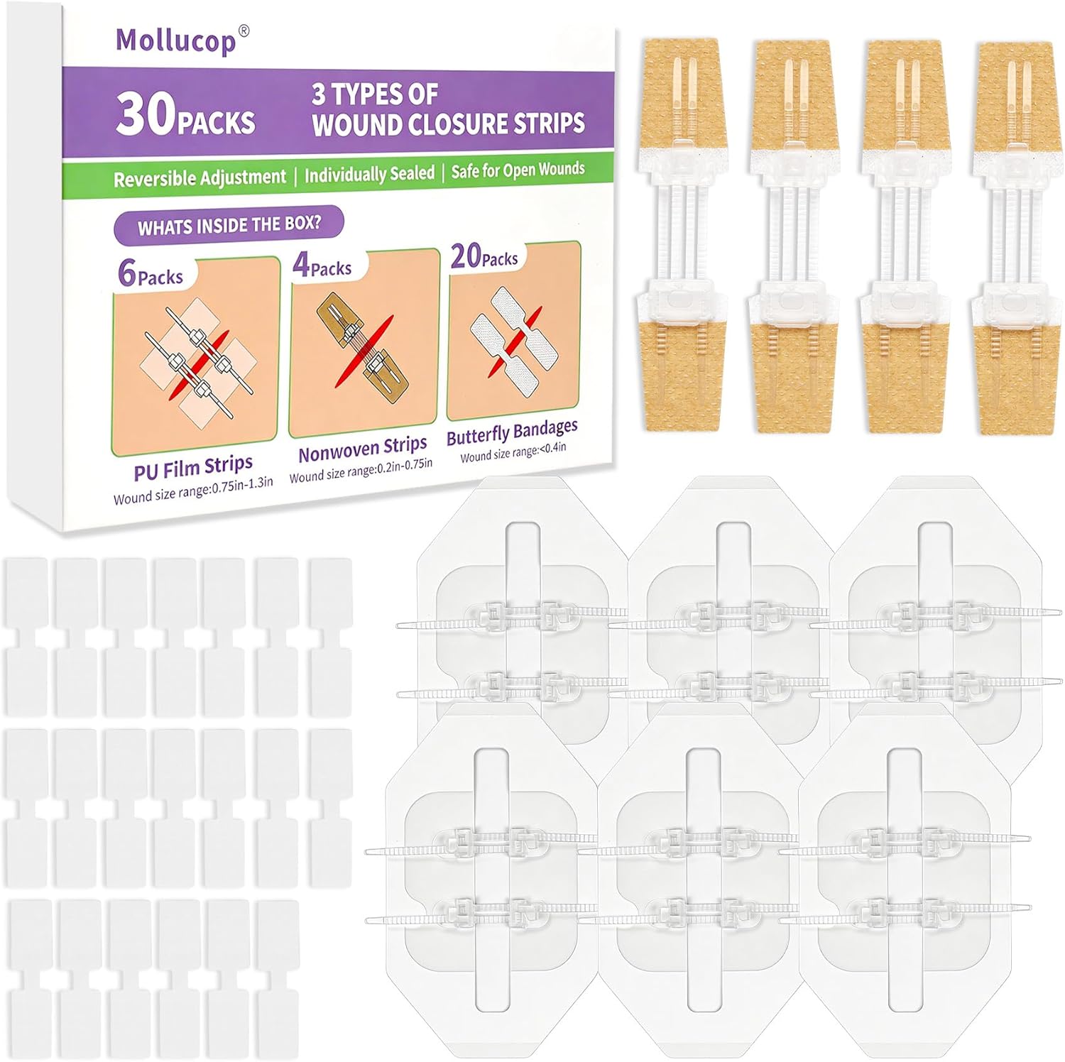 30 Pack Butterfly Bandages for Wound Closure, Upgraded Reversible Adjustment Wound Closure Strips, 3 Types Emergency Laceration Closure Kit for Pain-Free Bleeding Control & Stitchless Healing