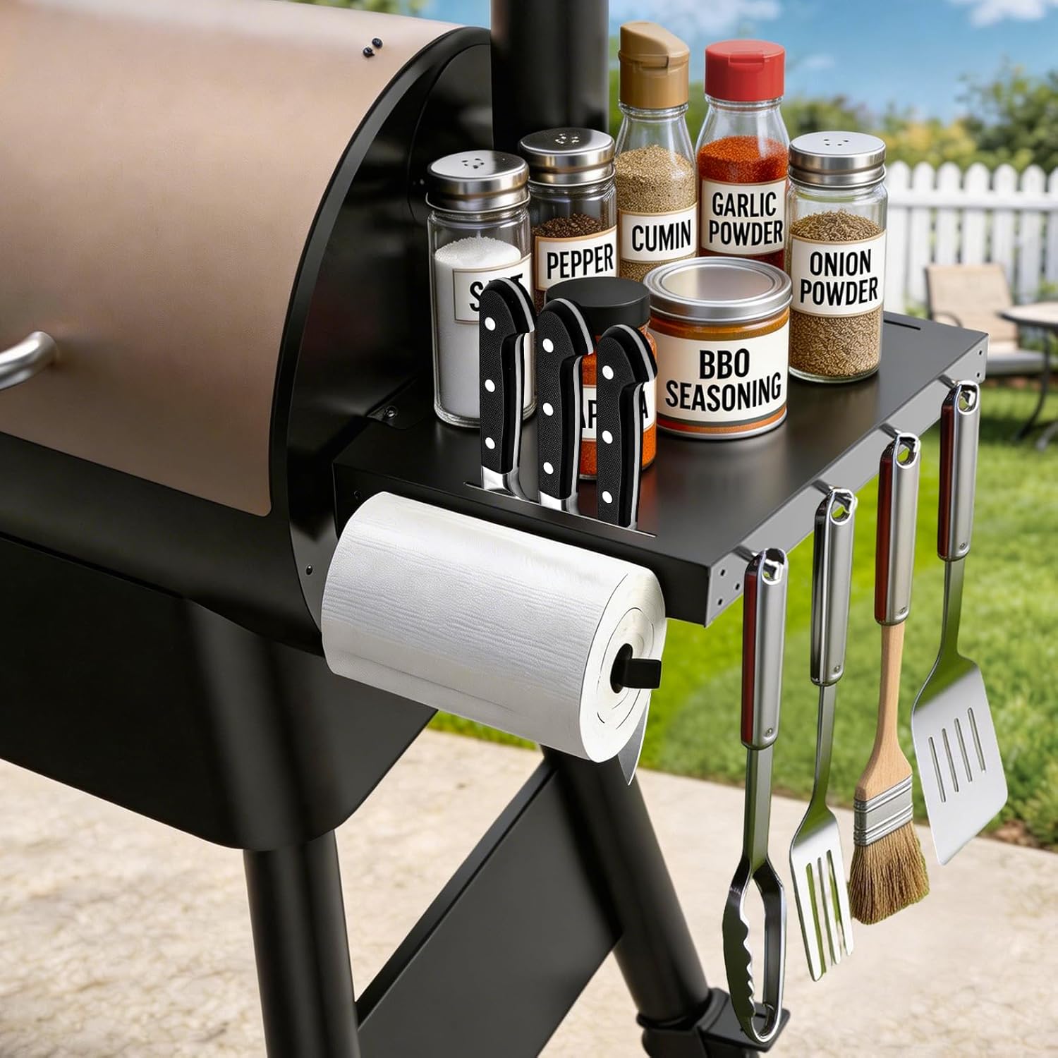 Folding Grill Side Shelf for Traeger Grills, Foldable Grill Shelf with Hooks & Paper Towel Holder for Traeger Pro 22, Pro 34, Pro 575, Pro 780 & Other, Grills Accessories to Add Storage Space