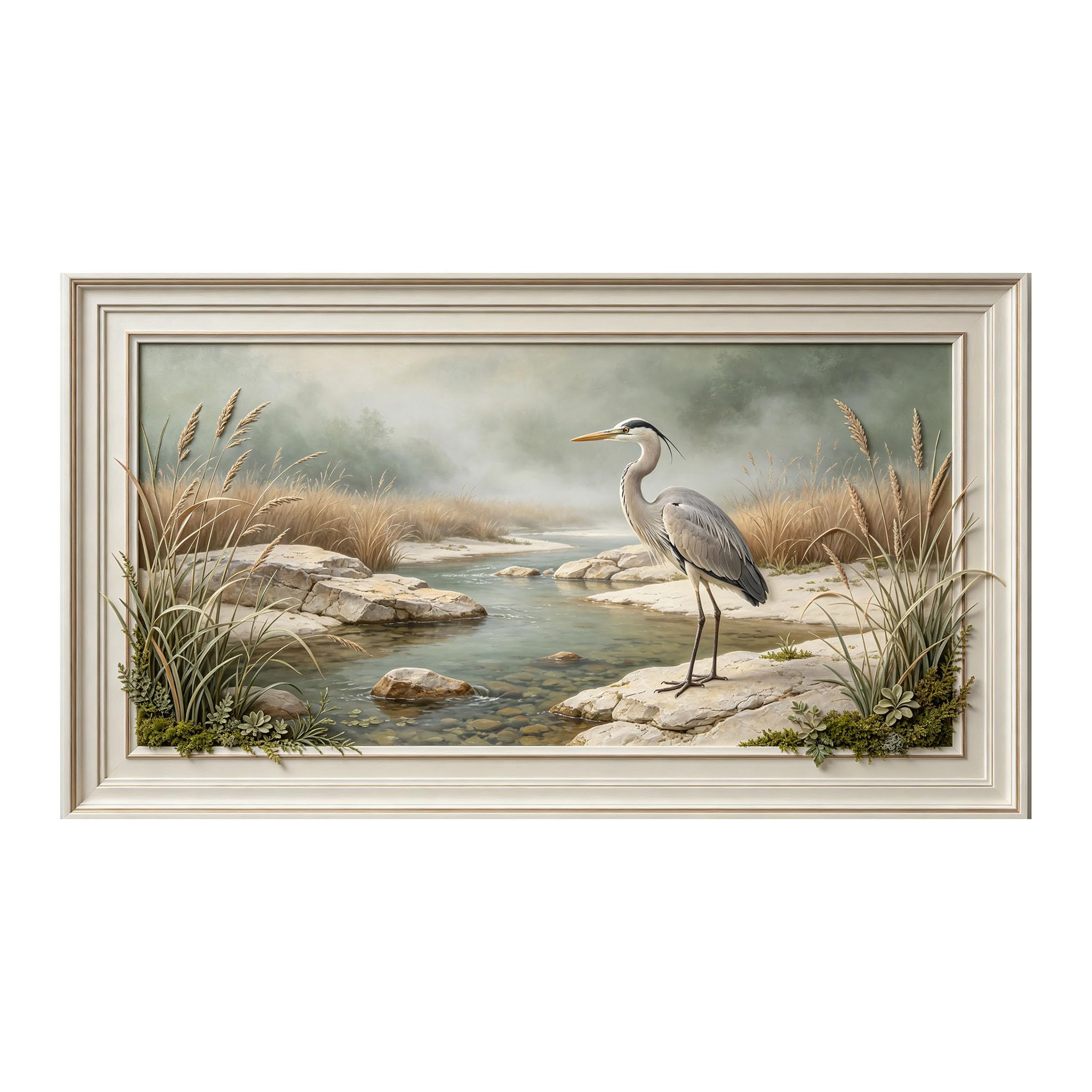 Murasolite 3D 3D Framed Wall Art 50cm×90cm Misty River Landscape Heron Oil Painting SelfAdhesive Fabric Mural Wall Decor, Peel and Stick No Damage to Wall for Bedroom Living Room