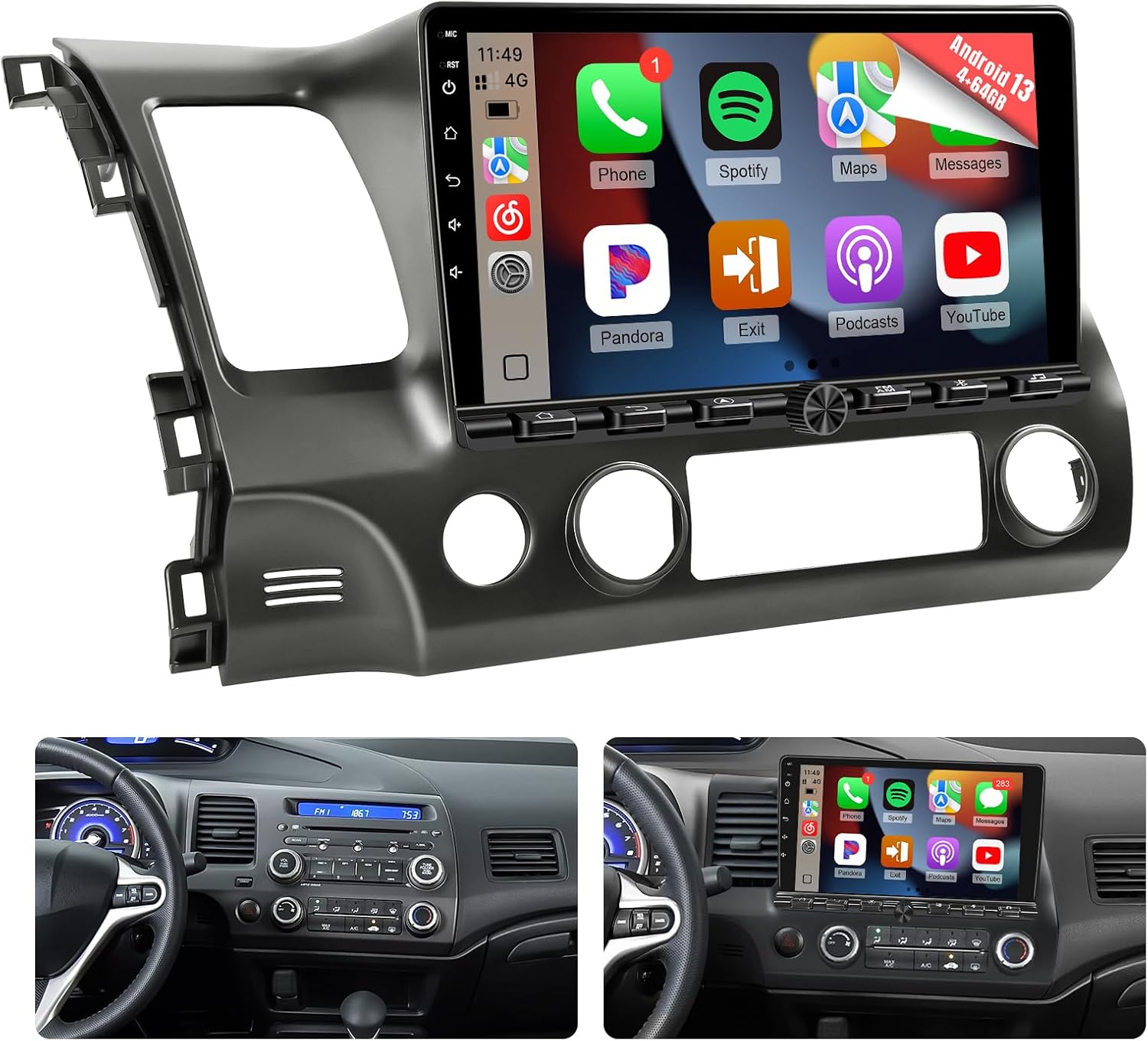 Naifay 4+64G Android 13 Car Radio for Honda Civic 2006-2011(No Fit Premium System&Large Screen) 10.1inch Touch Screen for Civic Stereo with Carpaly/Android Auto/GPS/Bluetooth/AHD Camera/WiFi/SWC/MIC