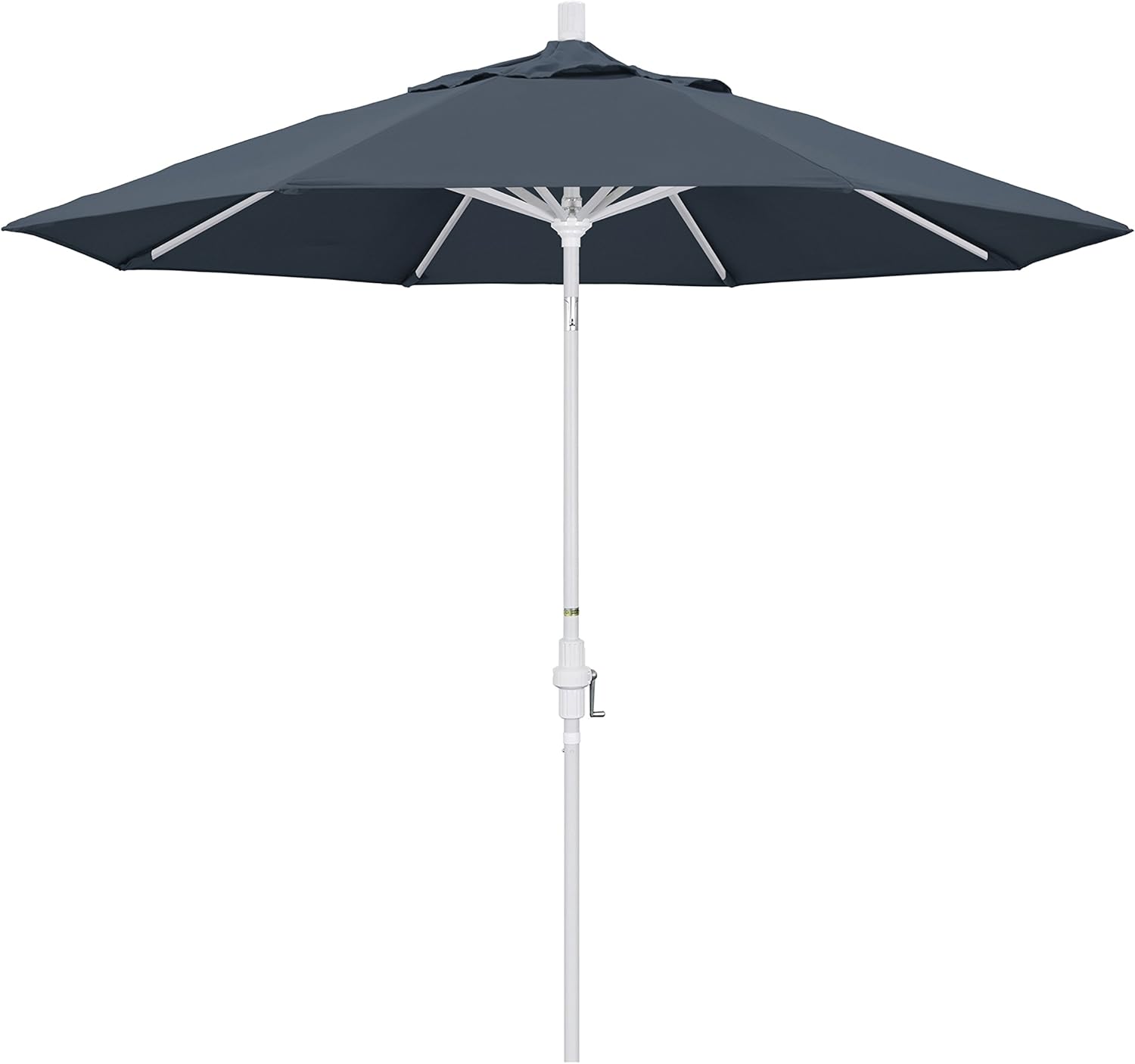 California Umbrella 9' Round Aluminum Market Umbrella, Crank Lift, Collar Tilt, White Pole, Pacifica Pacific Blue