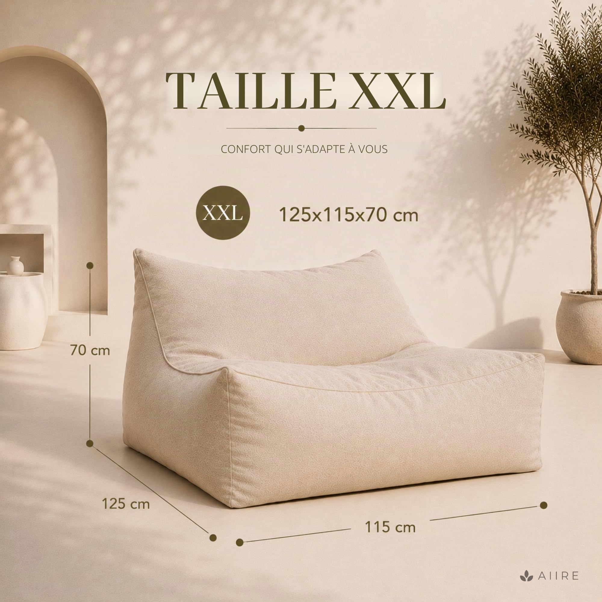 Aiire Pouf Exterieur Géant Moderne - Fauteuil Pouffe Salon XXL avec Remplissage pour Décoration Chambre et Jardin - Bean Bag Chair Adulte ou Ado - Coussin de Sol Beige