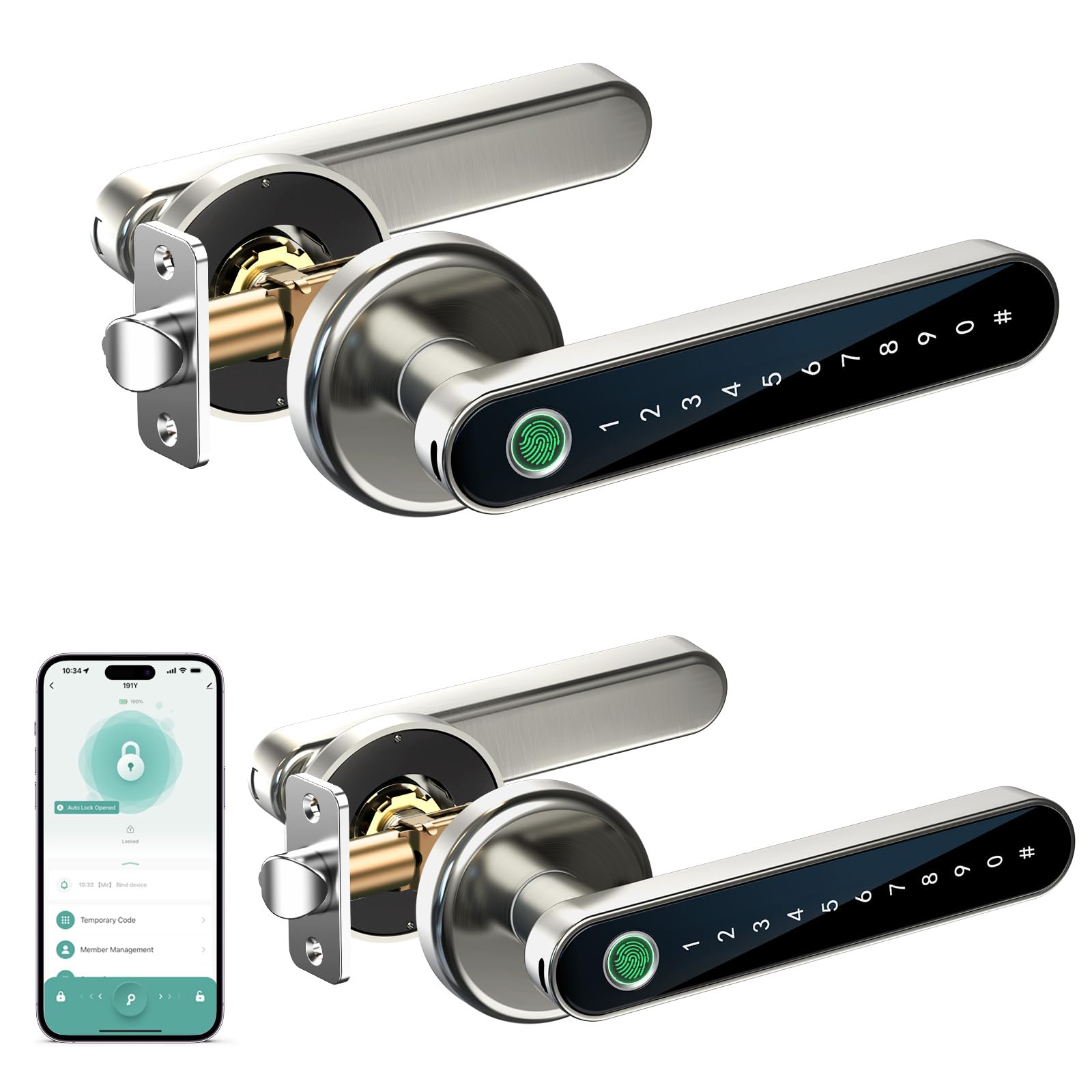 IRONZON IRONZONFingerprint Door Handle for Bedrooms - 190YN 4-in-1 Fingerprint Door Lock with Keypad and App Control, Smart Knob for Bedroom with Key, Keyless Entry Door Handle - Satin Nickel