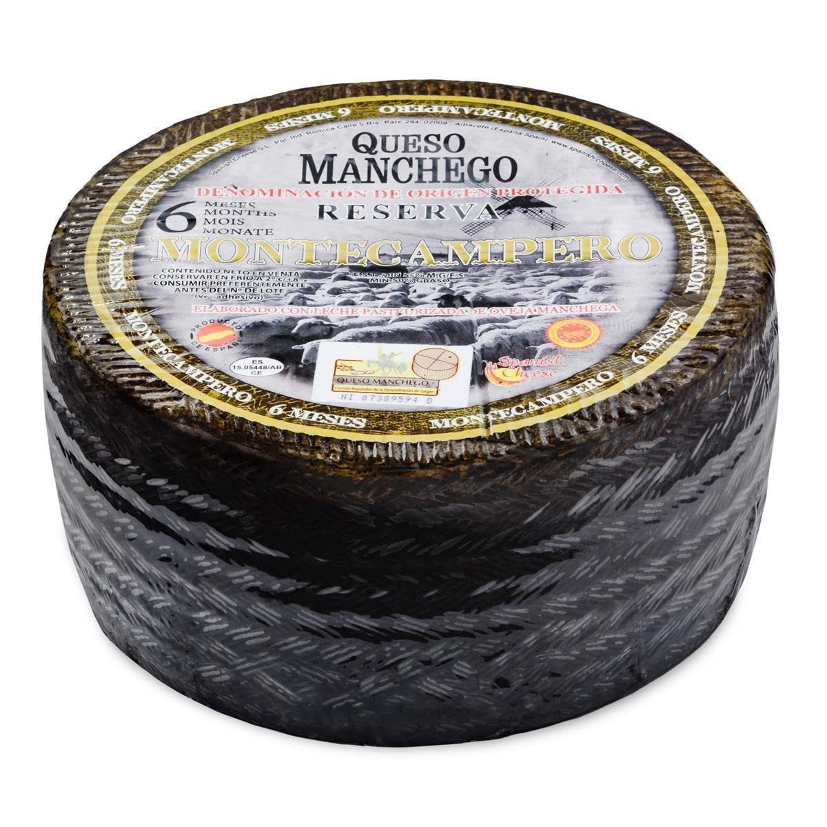 Montecampero QUESO MANCHEGO Reserva - 1x 3kg - spanischer Schafs-Käse, 6 Monate gereift, D.O. PDO Hartkäse aus La Mancha passt zu Tapas Rioja-Tempranillo-Verdejo-Rotwein & Käseplatte