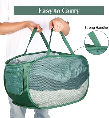 Miniatura 5 de Cesta de lavandería desplegable de malla resistente, cestas plegables con bolsillo lateral, cesta de ropa plegable con asas de transporte reforzadas