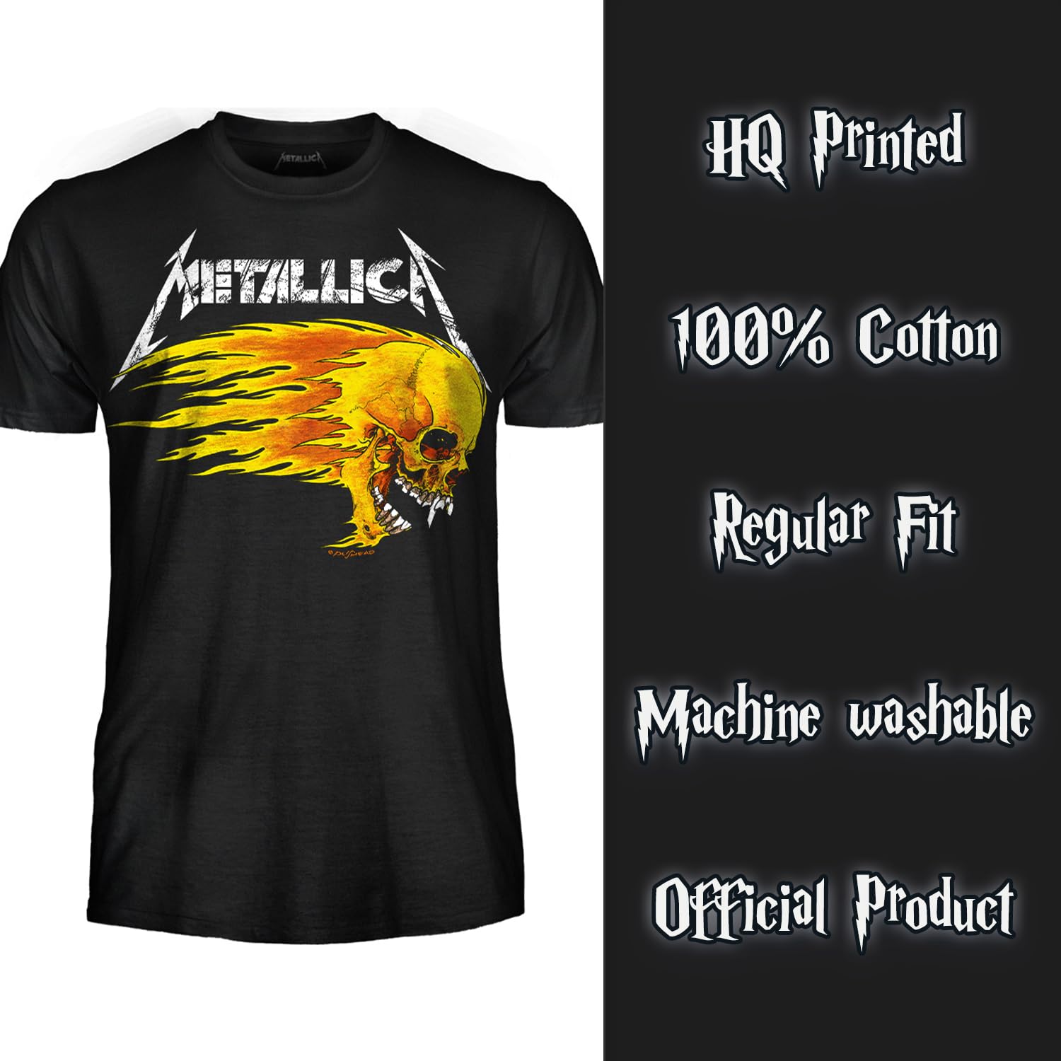 Metallica T-Shirt Pushead Flaming Skull. Maglietta Rock Ufficiale. Band Heavy Metal. Maglia Unisex Adulto Ragazzo.