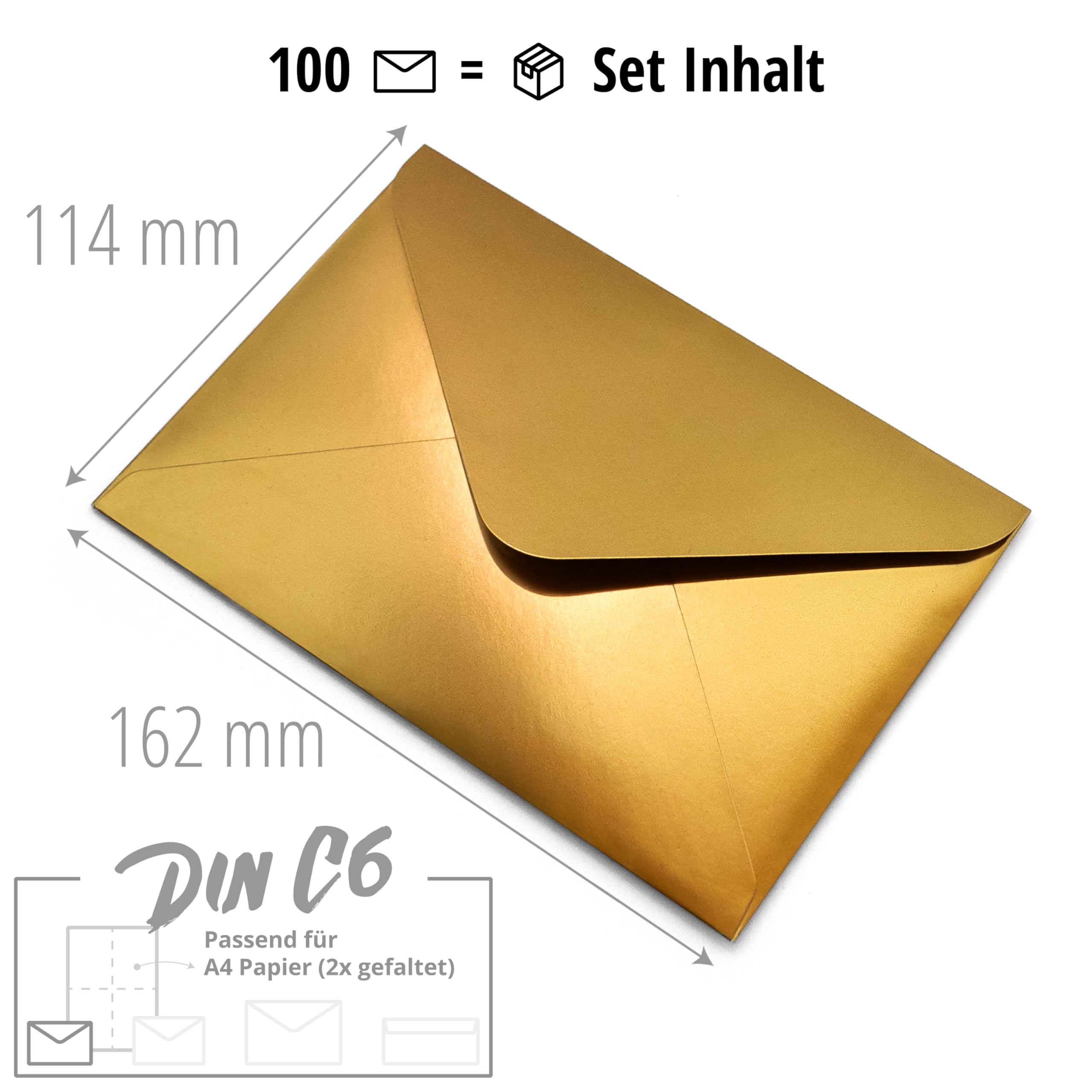 Japun - sobres (100 piezas) de papel, sobre sin ventana - DIN C6-162 x 114 mm - oro/dorado