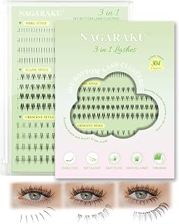 NAGARAKU Lower Fringe Cluster, 304 Clusters 3 in 1 DIY Bottom Cluster Lashes Tag/Low/Crescent Style Eyelash Extensions Black Thin Band False Eyelashes (NADIYM3-001, 0.07mm C-Curl J-Curl 5-8