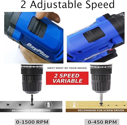 Miniatura 7 de Juego de taladro inalámbrico de 21 V, 26 piezas, 2 taladros eléctricos de batería de 1.5 Ah, 398 pulgadas, con ajuste de par de torsión de 25+1,