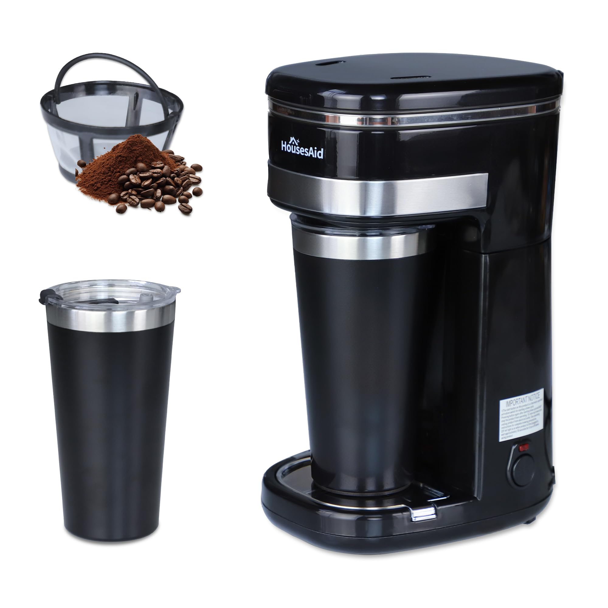 coffee machine, Single Serve Coffee Maker, One Cup Coffee Maker with Reusable Filter & One-touch Control Button, Portable Brewer for Camping, Travel & Home, Easy To Clean& Store, 15oz/450ml, Black