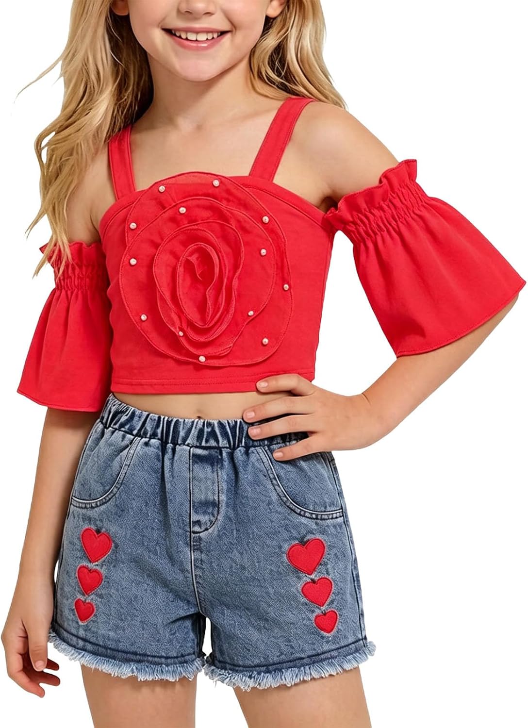 Girls 3D Rose Cold Shoulder Crop Top and Embroidered Jean Shorts Set Cute Two Piece Outfits for 2-8 Years
