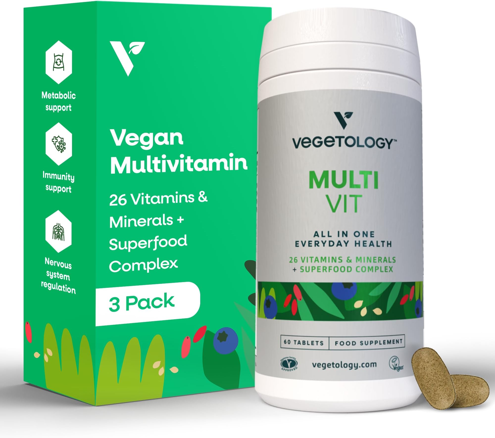 VEGETOLOGY MultiVitamin Supplement, Vegan Multivitamins, 26 Vitamin & Minerals for Metabolic & Immune Support – Multivitamin for Women & Men (3 Pack)