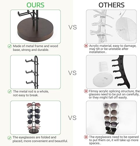 Miniatura 6 de Mkono Sunglasses Organizer Glasses Holder Stand Sunglass Storage Eyeglasses Rack Metal Frame with Wood Base for 5 Pairs of Eyewear Display for Table