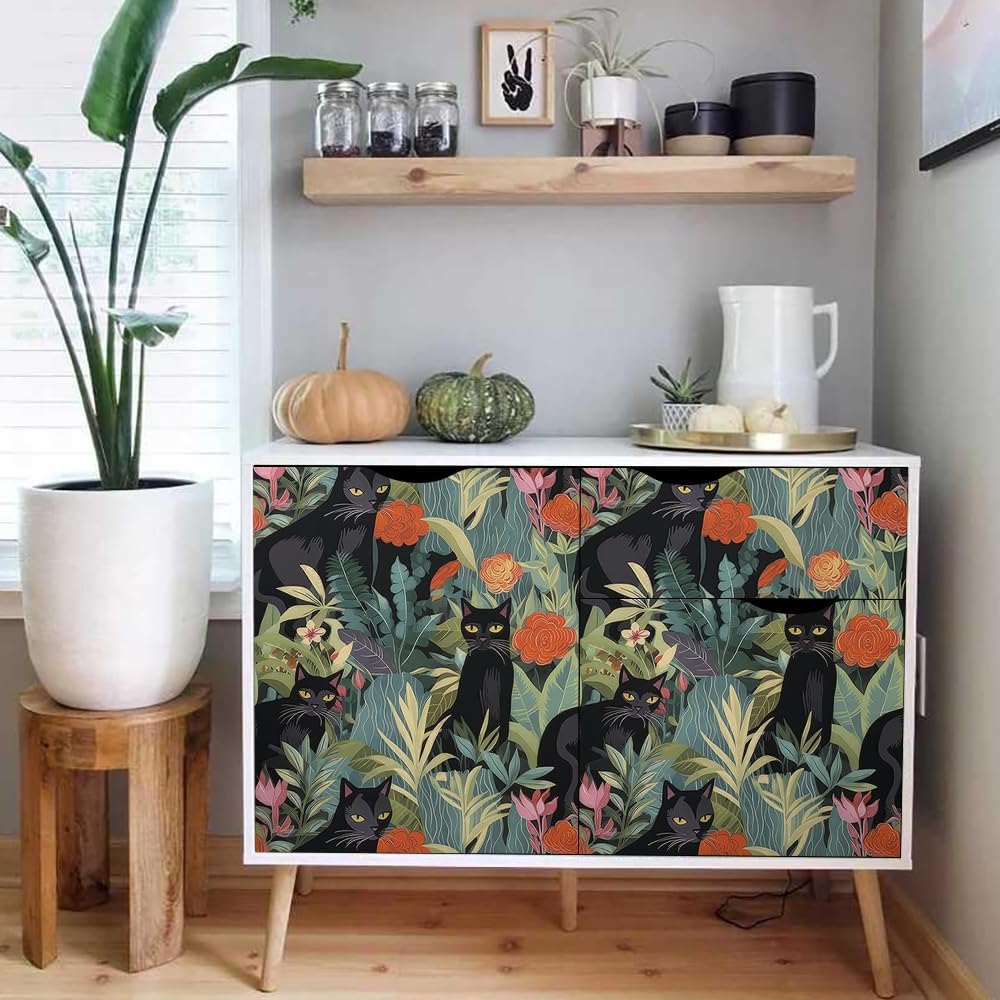 18"x236" Abstract Jungle Forest Black Cats Peel and Stick Self Adhesive Wallpaper Removable Contact Paper Stick on Easy Peel Off Wall Paper for Kitchen Bedroom Bathroom Renter