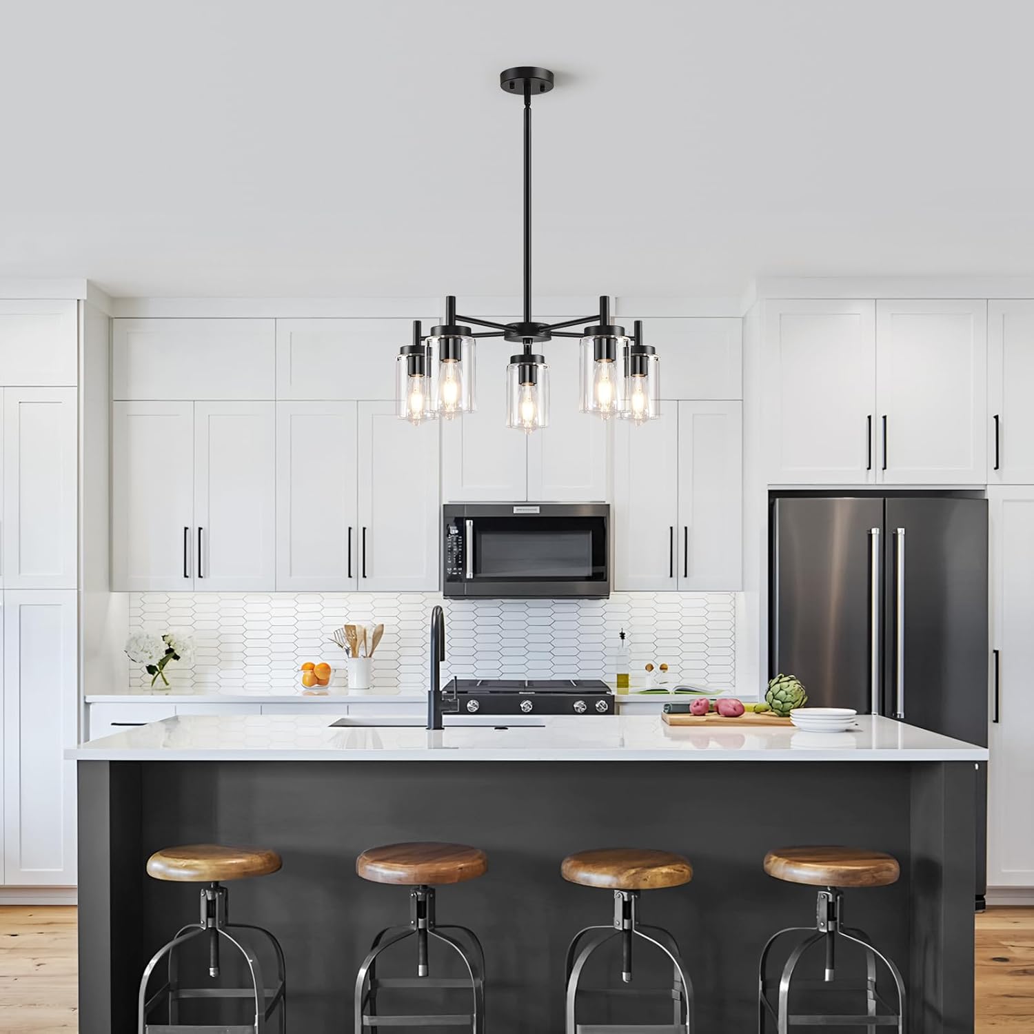 5 Lights Black Modern Farmhouse Chandelier for Dining Room with Glass Shade, Pre-Wired Height Adjustable Pendant Light Ceiling Lighting Fixture for Dining Living Room Bedroom Kitchen Foyer