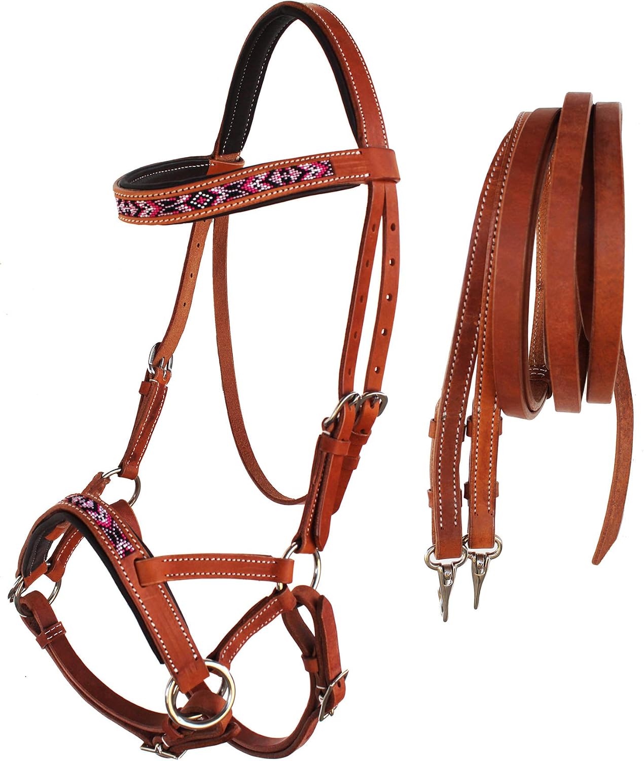 CHALLENGER Horse Western Padded Leather Beaded Bitless Sidepull Bridle Reins 77RT13TN-F