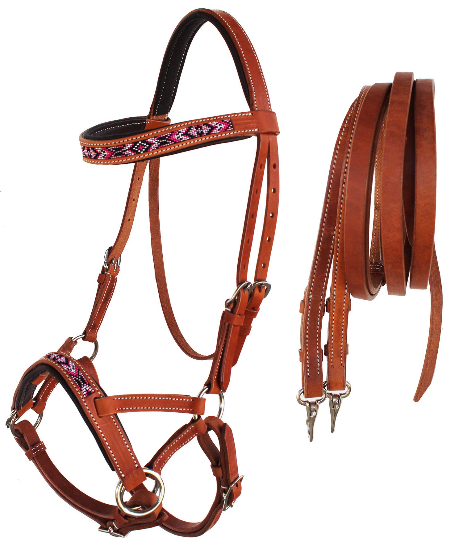 CHALLENGER Horse Western Padded Leather Beaded Bitless Sidepull Bridle Reins 77RT13TN-F