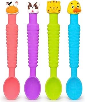 3-in-1 Silicone Baby Spoon Self Feeding 6+ Months - Pediatric OT Designed Teether Spoon, BPA Free Infant Toddler Utensils, Mess-Free, Fun for Baby Led Weaning Supplies - 4 Pack