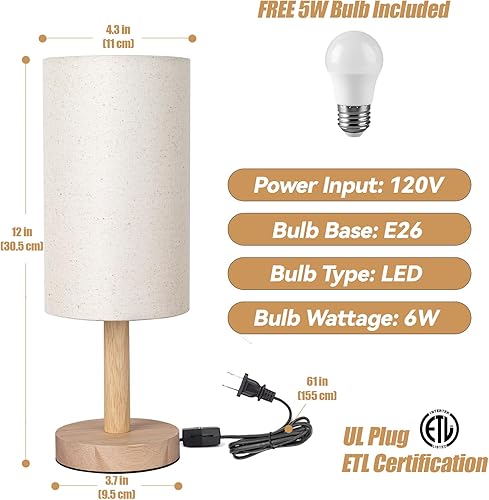 Miniatura 7 de Lámpara de mesa pequeña para dormitorio, lámpara de mesita de noche, pantalla de lino, base de madera, pequeña lámpara de noche para mesitas de