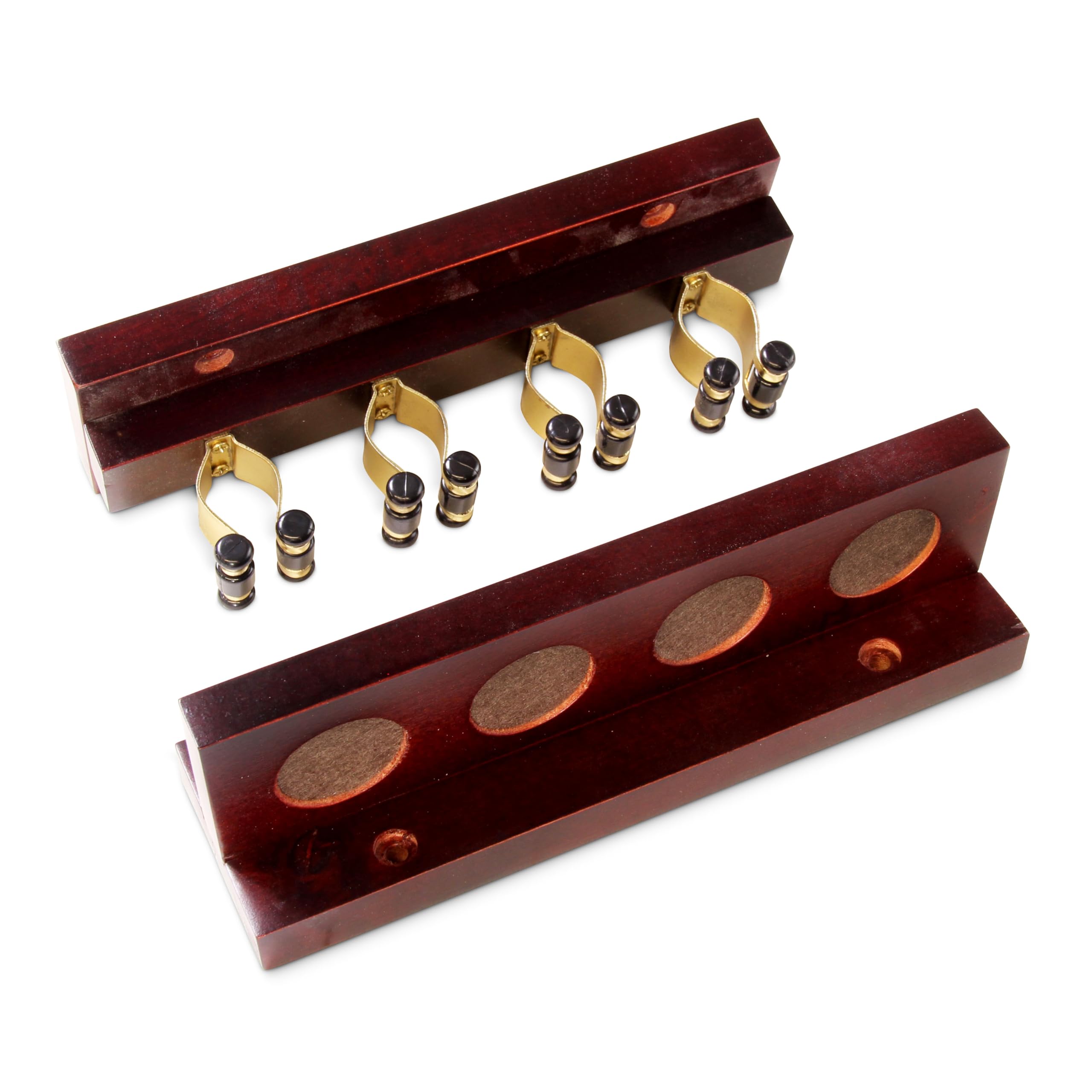 Funky Chalk Mahogany 4 Way Straight Wall Mounted Snooker Pool Cue Rack With Brass Clips - Holds 4 Cues (Mahogany)