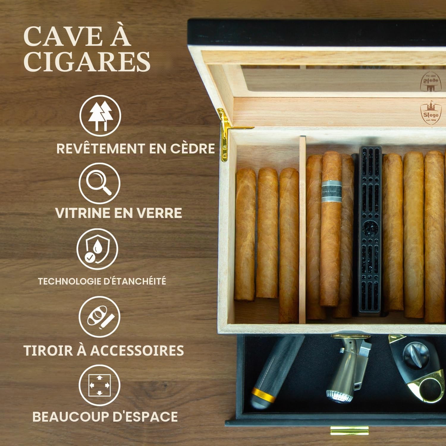 Slege Cave à cigares, Caves à cigares, boîte à cigares en Bois de cèdre Espagnol, Accessoires de cigares, tiroir, avec humidificateur, hygromètre, séparateur, Cadeau pour Homme（Noir）