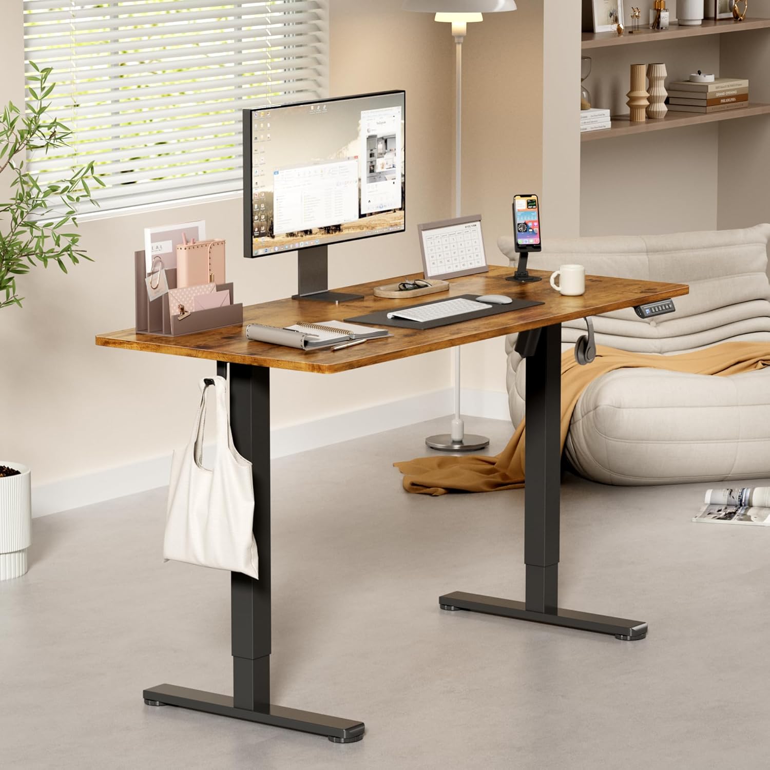 YESHOMY Height Adjustable Electric Standing Desk, 46 x 24 Inches Memory Home Office Sit Stand up Desk with Phone Holder and USB Charging Port, Rustic Brown