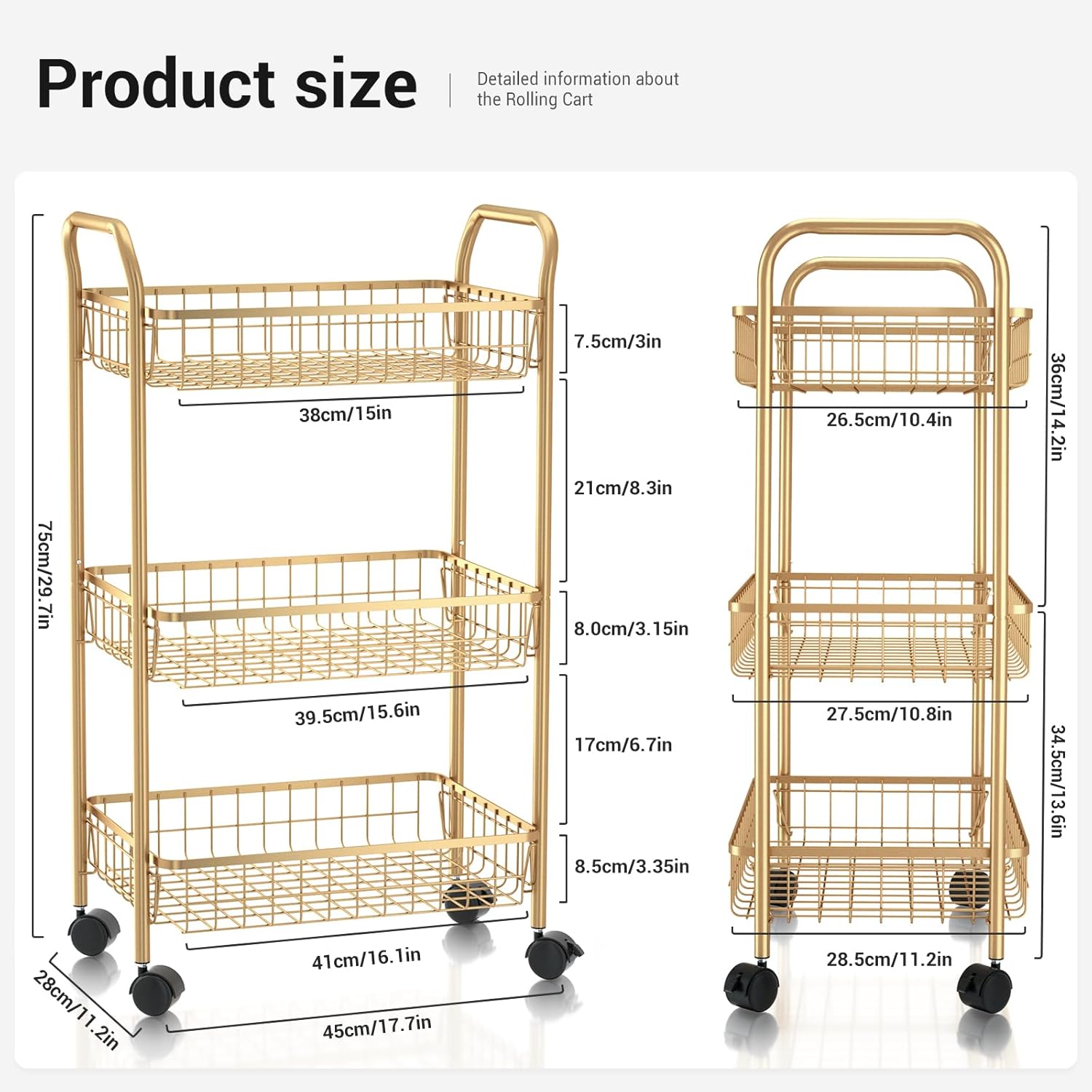 3 Tier Rolling Utility Cart, Storage Trolley Service Cart with Wheels Easy Assembly for Kitchen, Living Room, Office, Salon, Gold