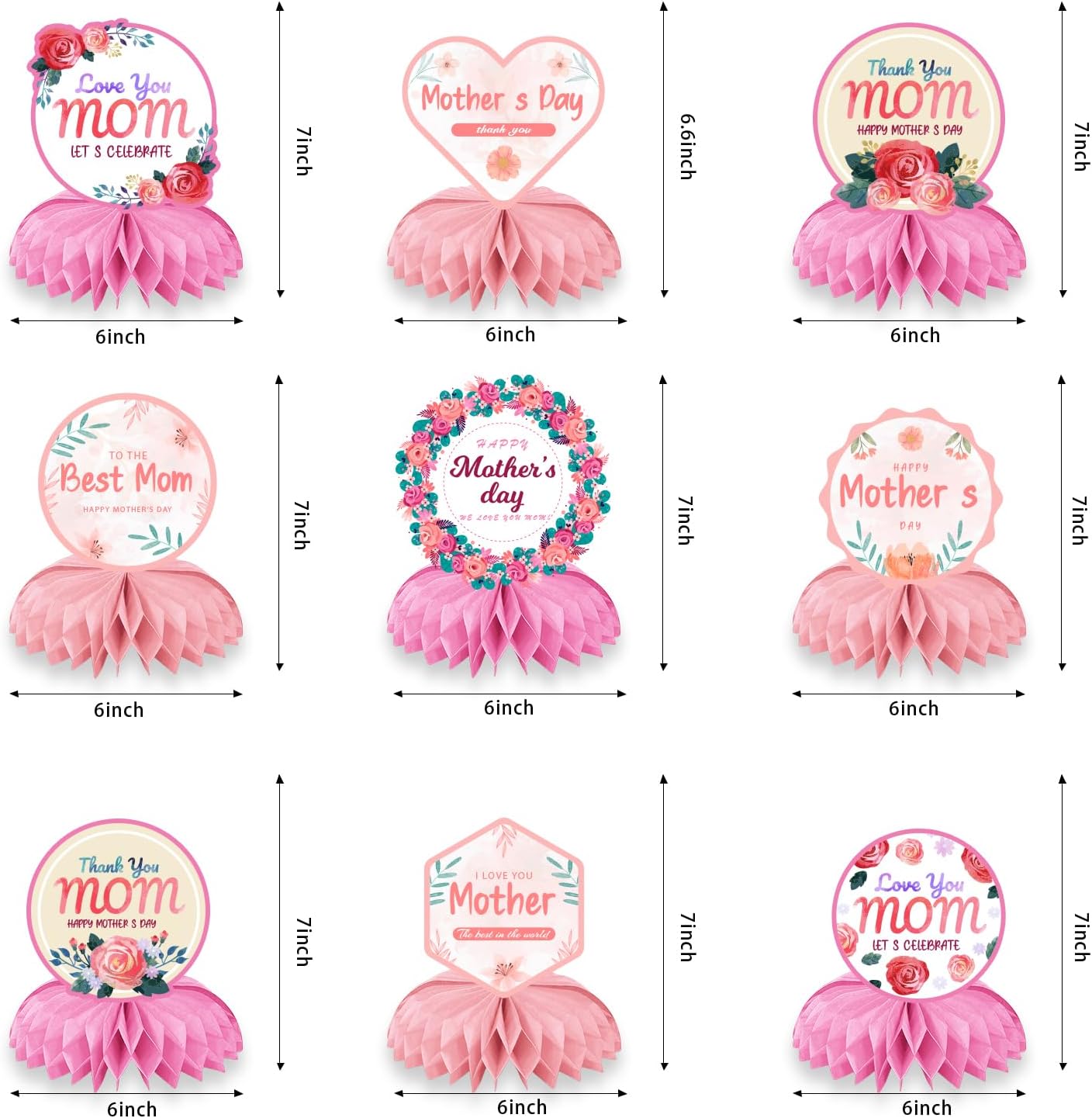 9 PCS Happy Mother's Day Honeycomb Centerpieces Pink Mother's Day Party Decoration I Love Mom Table Decoration