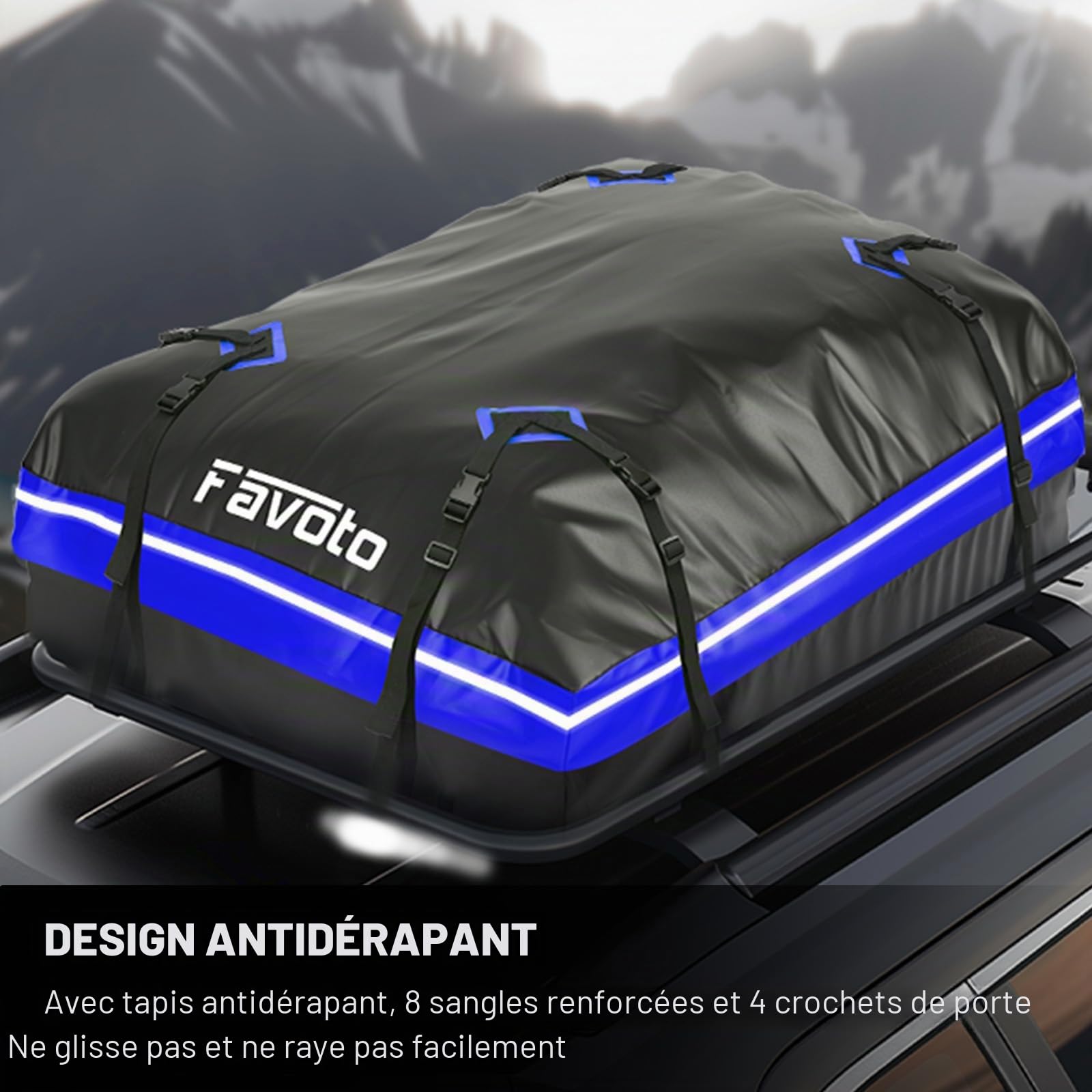 Favoto Coffre de Toit Voiture Imperméable - Sac de Toit Porte-Bagages 425L Pliable avec Tapis Antidérapant Crochet de Porte et Sangles de Renfort pour Le Transport des Bagages Bleu