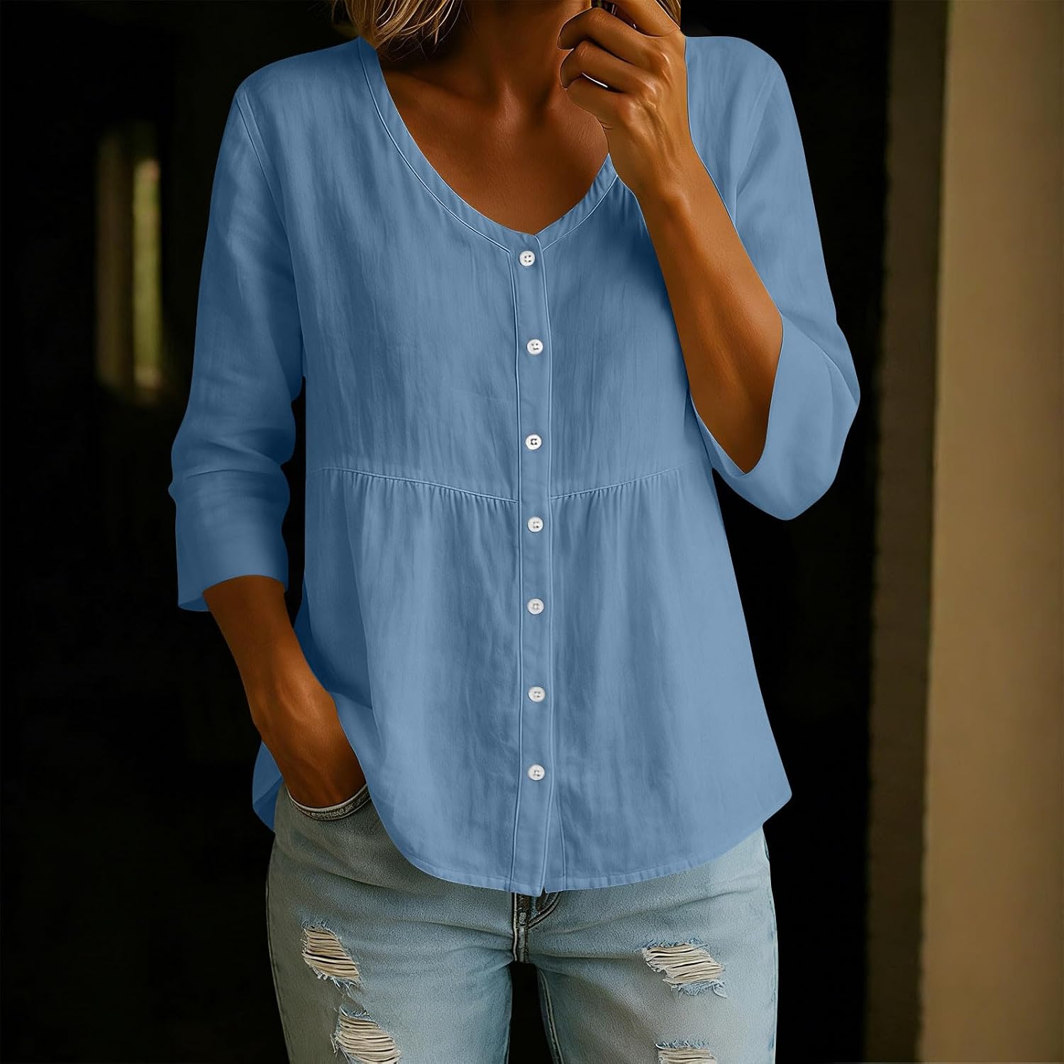 Womens 3/4 Sleeve Tops Cotton Linen Button Down V Neck Casual Loose Fit Blouses Summer Trendy Vacation Boho Shirt
