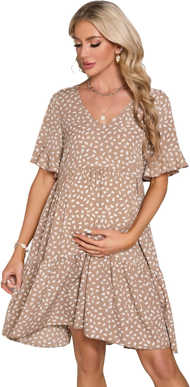 Maternity Dress Womens Casual Babydoll Dress Ruffle Short Sleeve V Neck Floral Printed Flowy Mini Short Tunic Dress