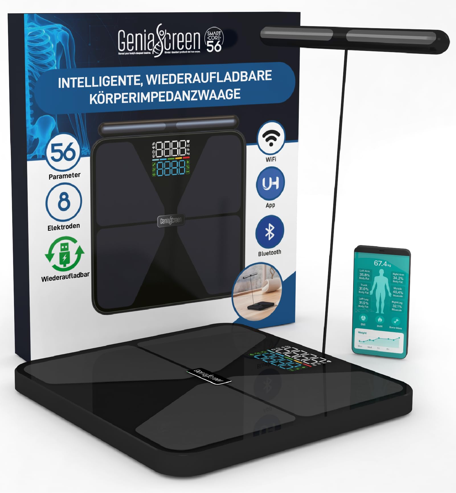 Körperfettwaage Digitale Personenwaage Smart Wi‑Fi 8 Elektroden Wiederaufladbare 56 Messungen Gehärtetem Glas 32x30cm Tragkraft 180Kg LED-Display GeniaScreen SmartCore - Muskelmasse Fett BMI Bluetooth