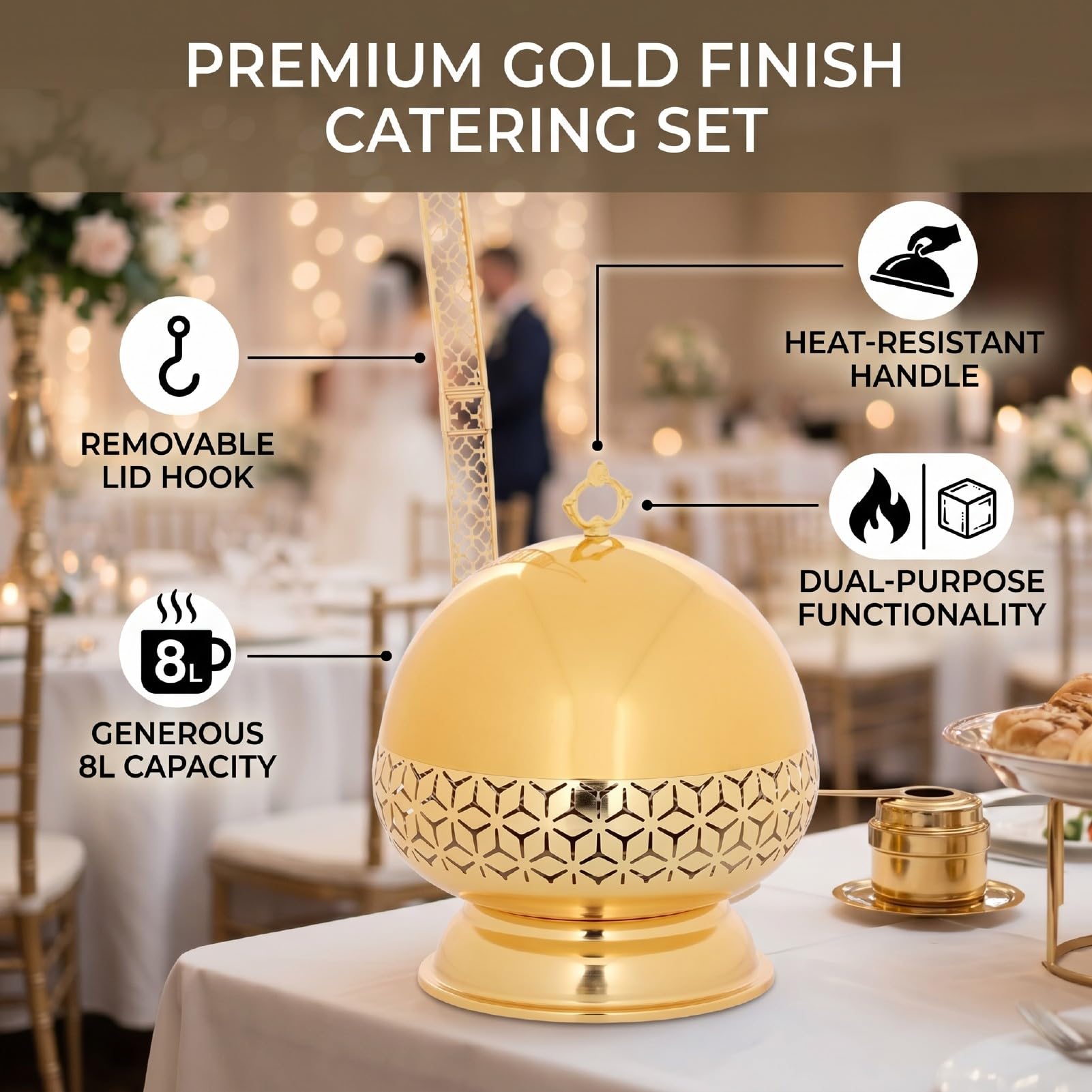ZJchao Bandeja de Servicio de Acero Inoxidable Dorada 8L, Chafer con Tapa Extraíble con Gancho y Patas Desmontables para Bodas Catering Fiestas