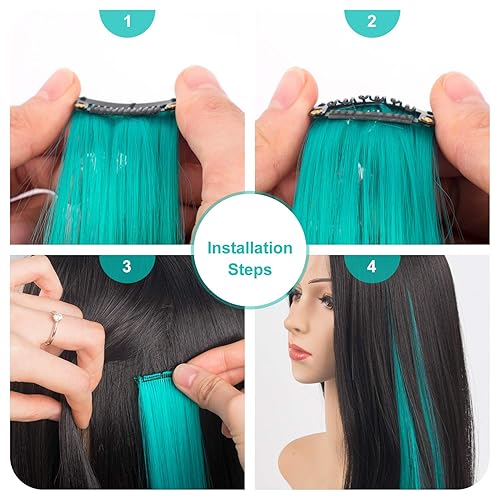 Miniatura 7 de 20 extensiones de cabello de colores, verde azulado + azul/morado + azul, extensiones de cabello con clip para fiestas de moda, regalos para niños y