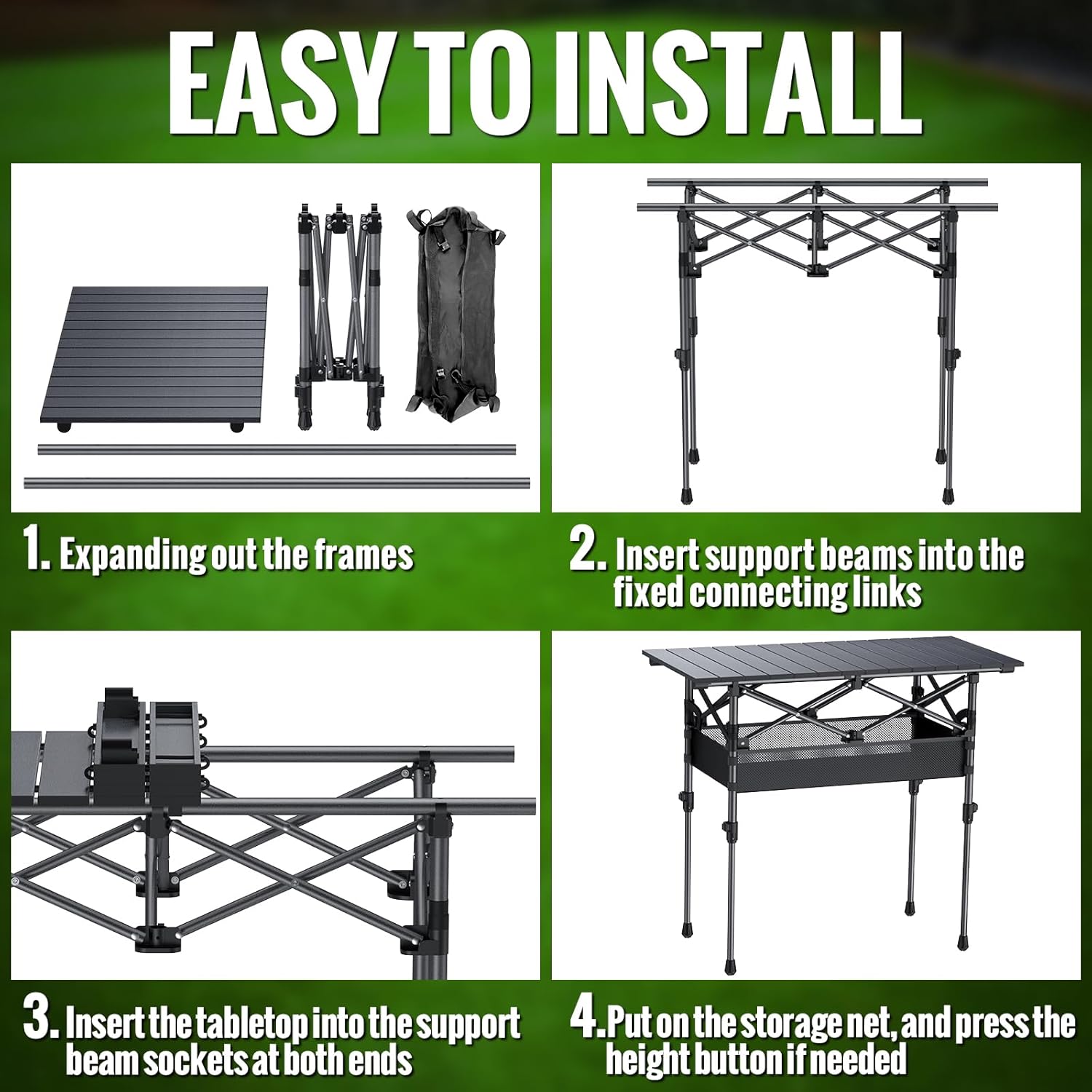 GARLLEN Folding Camping Table, 2-Height Adjustable Portable Roll-up Camping Table with Storage Net, Lightweight Aluminum Picnic Table with Carrying Bag for Cooking, BBQ, Outdoor, 32.2" L x 15.7" W