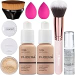 PHOERA Foundation & Primer Set, Full Coverage, Kabuki Brushes & Sponge (Nude+Buff Beige)