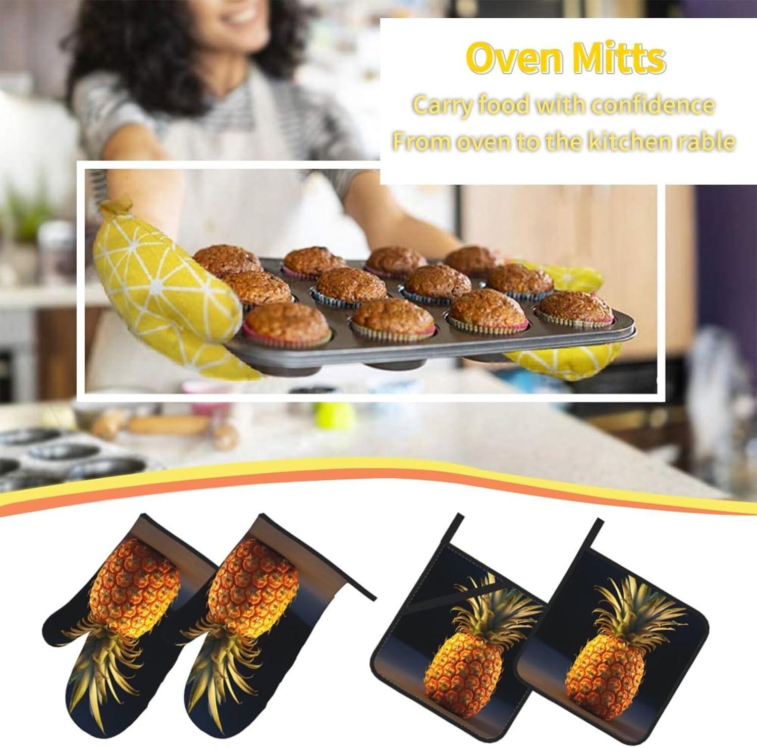 4 pcs Oven Mitts and Pot Holders Set Pineapple Fruit Kitchen Oven Glove Non-Slip Heat Resistant 500 Degree Long Oven Mitts and Potholder for Cooking Baking Grilling BBQ