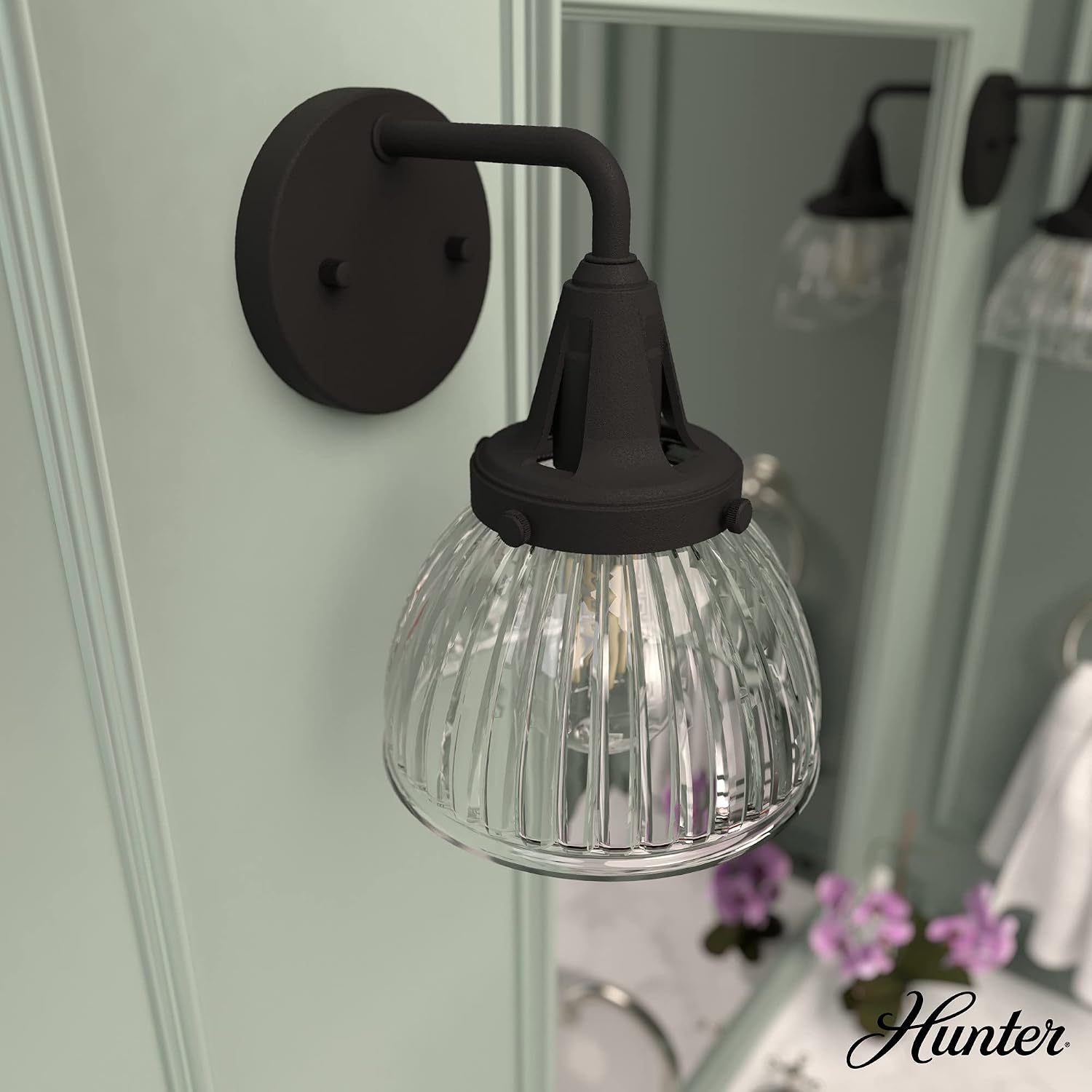 Hunter - Cypress Grove 1-light Natural Black Iron, Medium Size Sconce Light, Dimmable, Transitional Style, for Bedrooms, Kitchens, Foyers, Bathrooms - 19253