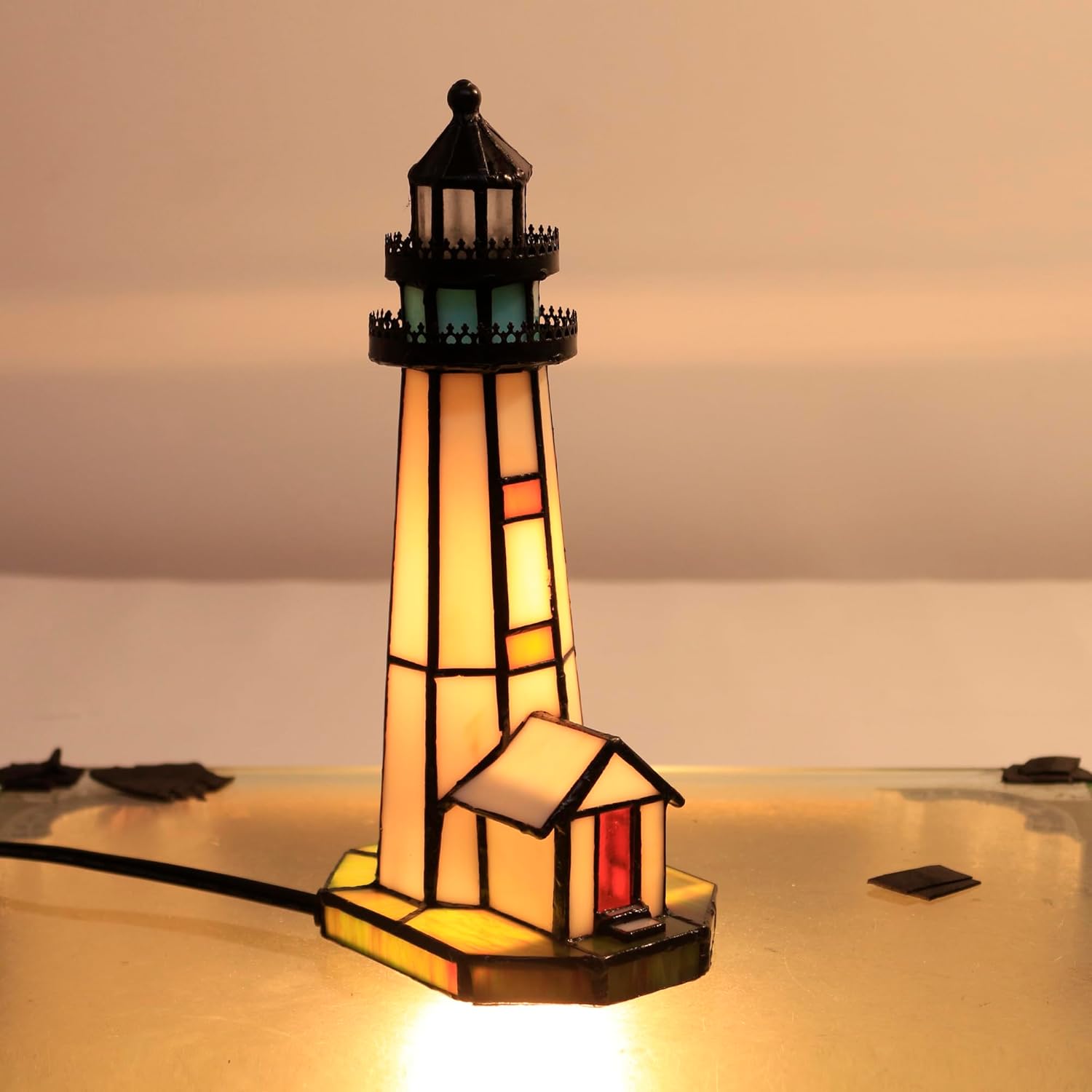 Small Tiffany Lighthouse Stained Glass Accent Table Lamp Night Light for Home Decoration (White)