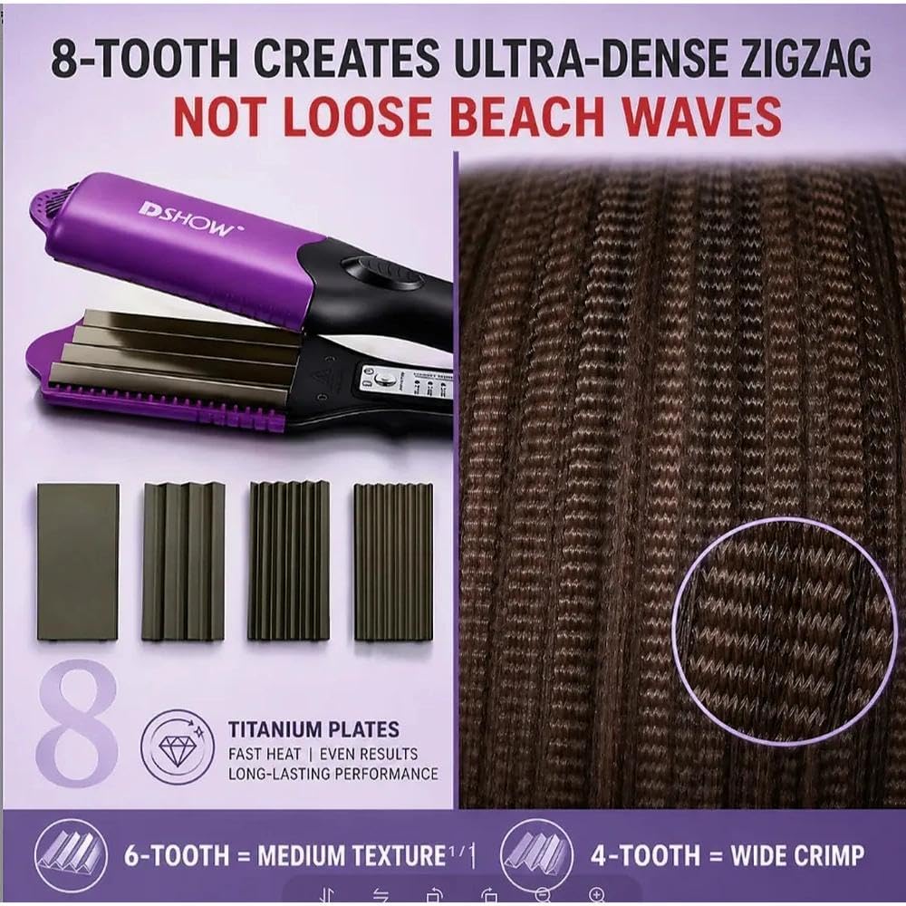 DSHOW 4-in-1 Hair Crimper and Straightener Set, Root Volume Lifter with 8/6/4-Tooth Plates, Ceramic Coating Anti-Flat Hair Tool for Fine Thin Hair, LCD Display, Auto Shut-Off, Travel-Friendly, Purple