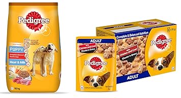 Pedigree Puppy Dry Dog Food, Meat & Milk, 10kg & Pedigree Adult Wet Dog Food, Chicken & Liver Chunks in Gravy, 70 g (Pack of 15)