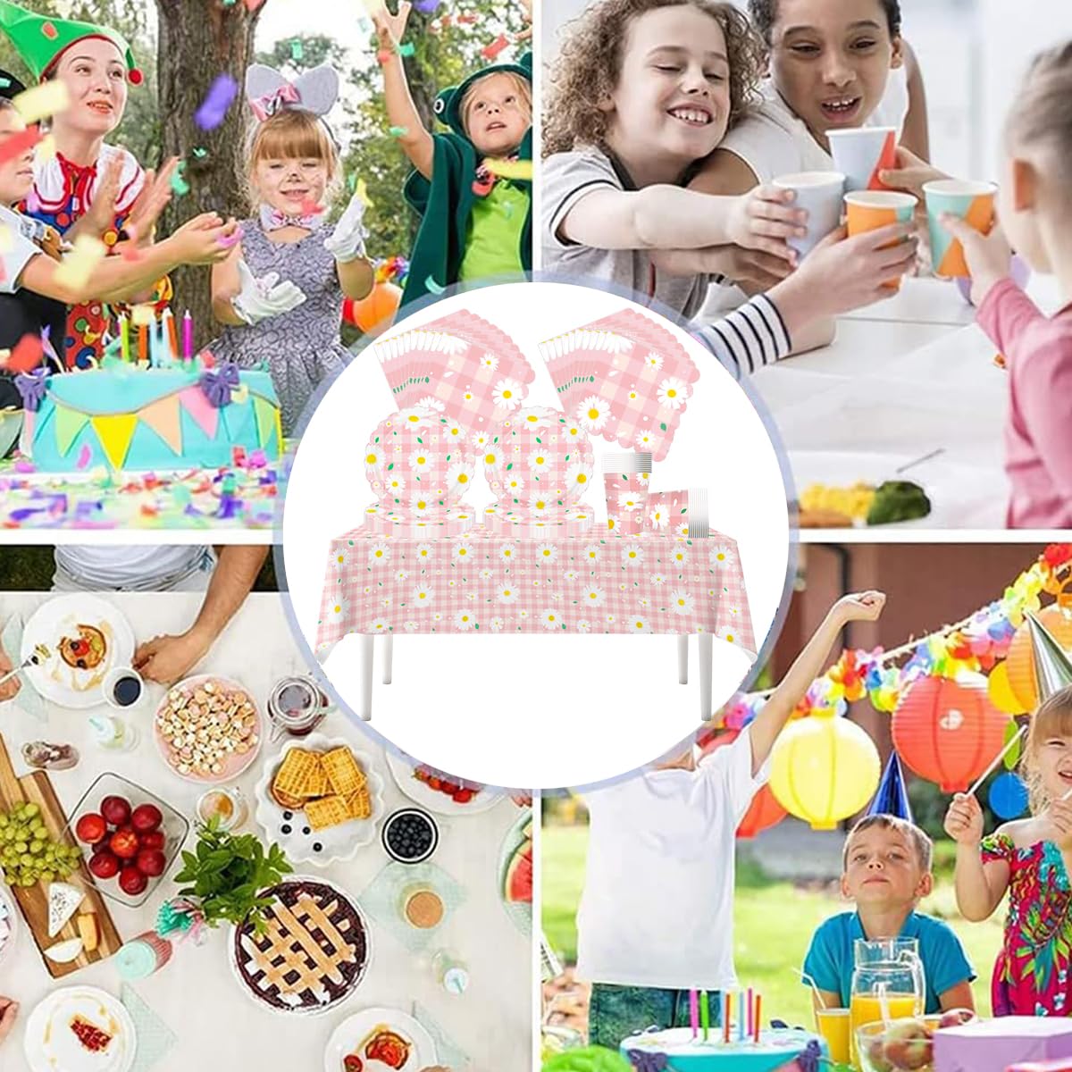 margherita Stoviglie per feste, 61 pezzi Crisantemo rosa Stoviglie per compleanni per bambini, Tema floreale Set di piatti di carta per feste, Compresi bicchieri, tovaglioli e tovaglie