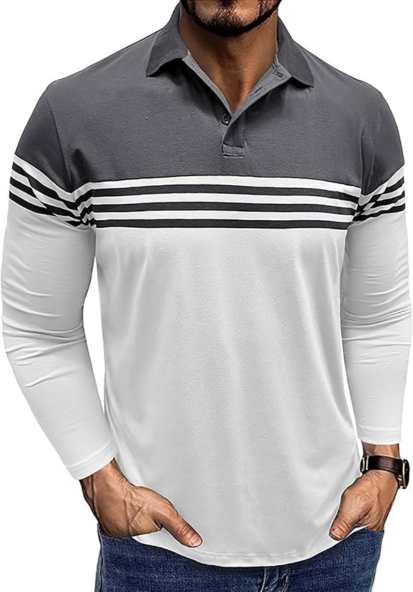 Camisa Polo de Manga Larga a Rayas con Bloques de Color para Hombre MorwenVeo