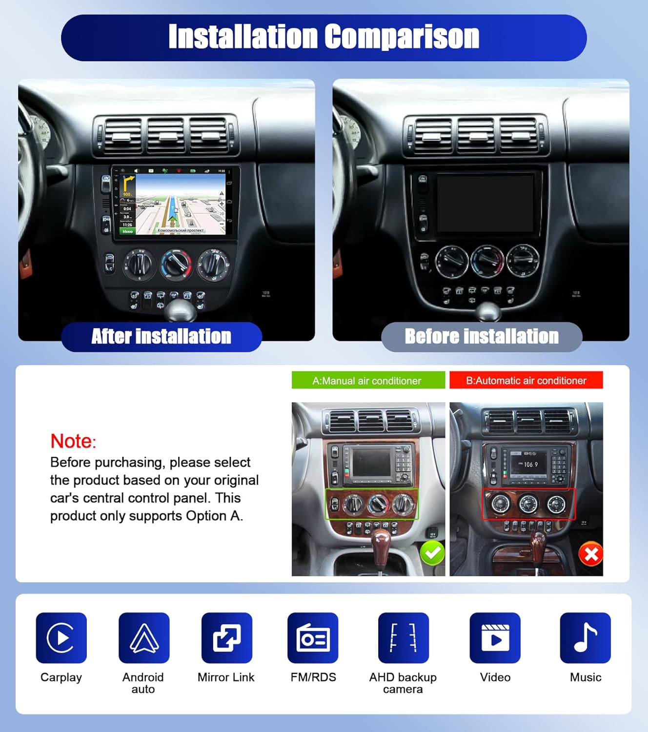 Installation comparison showing before and after installation, and compatibility with manual air conditioning
